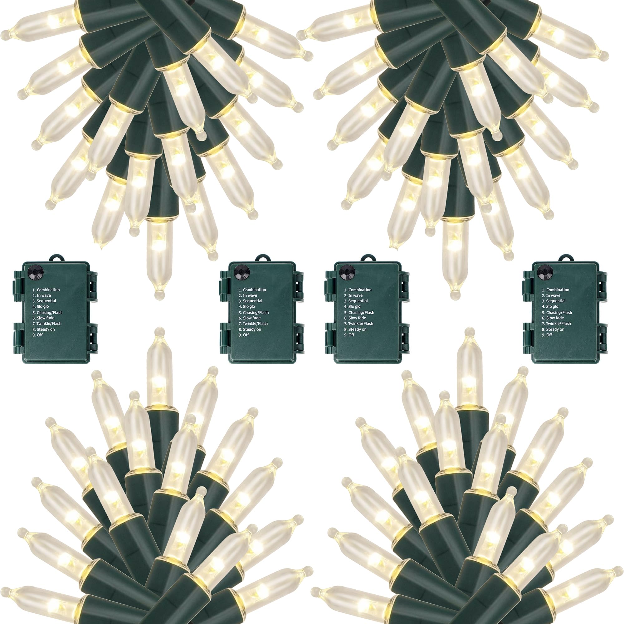 Joliyoou 4 Packs Total 200 LEDs 64ft Warm White Christmas String Lights, Battery Operated Christmas Mini String Lights with 8 Lighting Modes, Indoor Outdoor LED Xmas Fairy String Lights with Timer