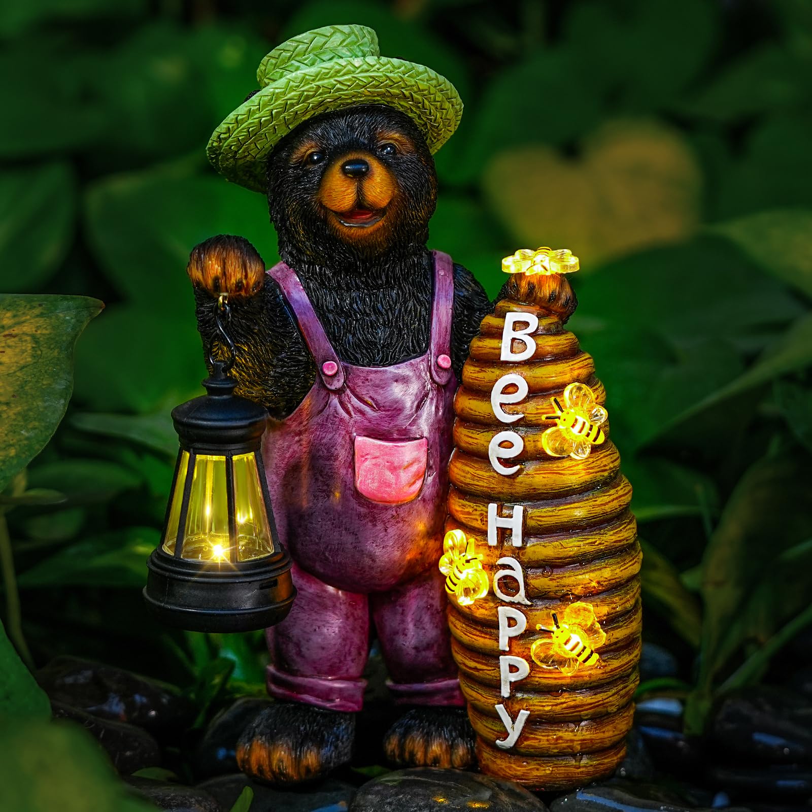 Joint Honglin Solar Adorable Bear Garden Statue with Beehive and Lantern - Bee Happy    Resin Outdoor Decoration for Yard, Patio