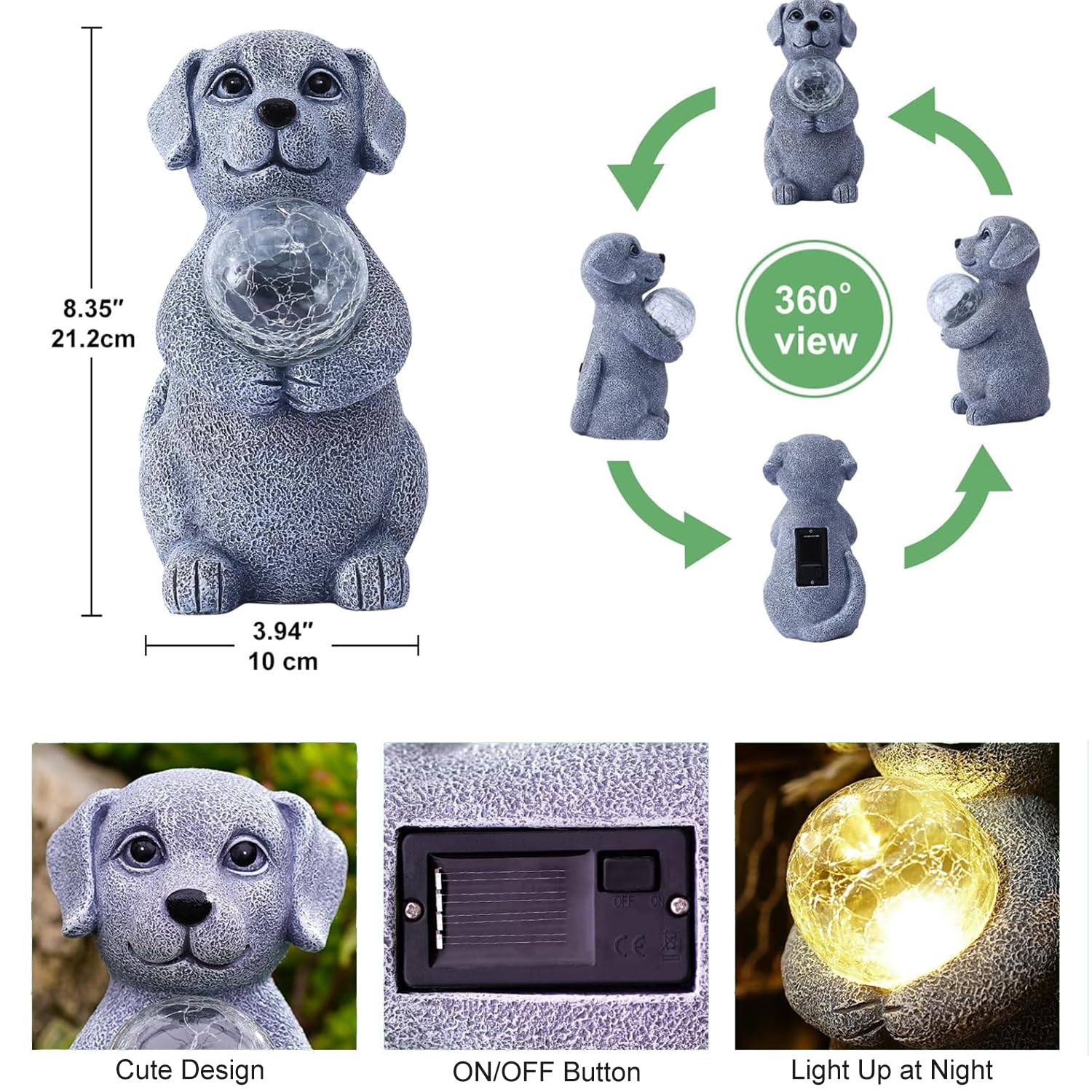 Tiejiajiang Solar Dog Statue - 8.4&quot; Gray Decor With Led Gazing Ball For Garden & Lawn