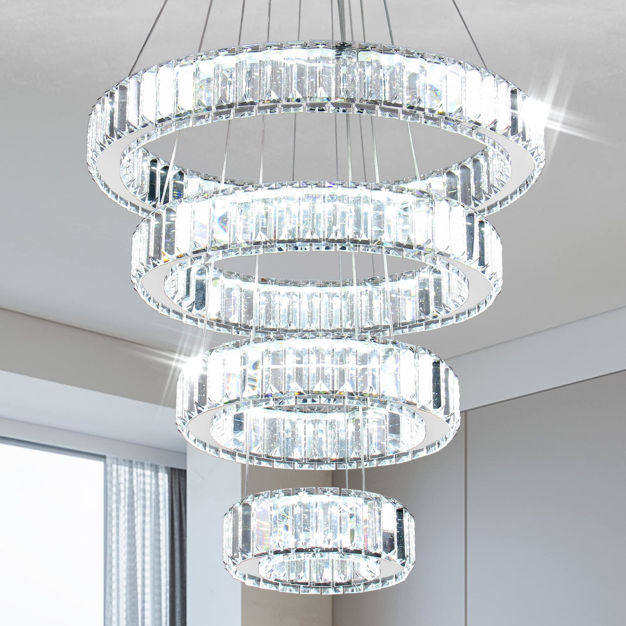 YPQXYHDA Modern Crystal Chandelier LED Pendant Light 4 Ring Chandelier LED Crystal Chandeliers for Dining Room Bedroom Living Ro