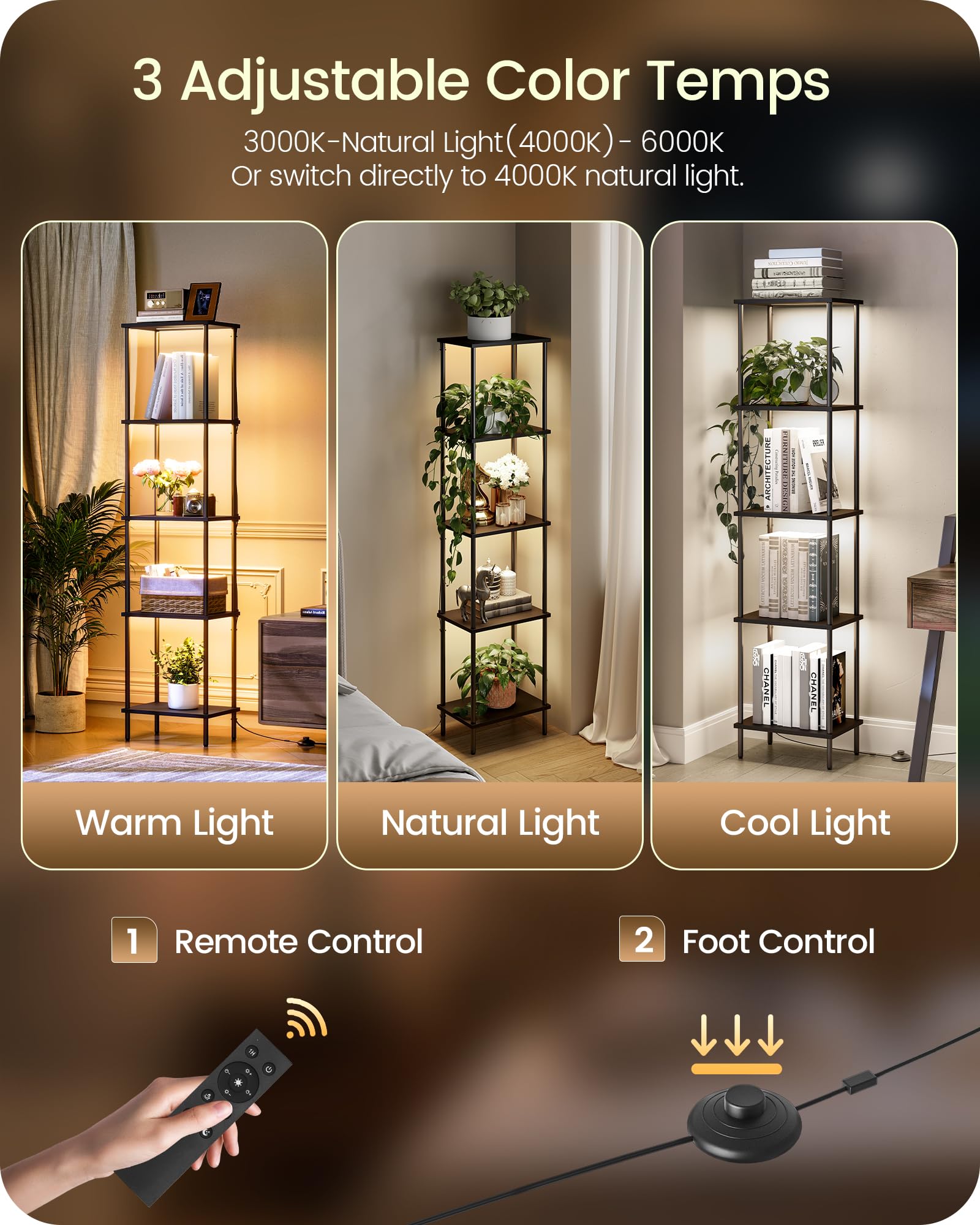 GOEBLESON 5-Tier Display Shelf Floor Lamp with Dimmable LED Light, Black, Model B52LD05, Remote & Foot Control, Corner Design