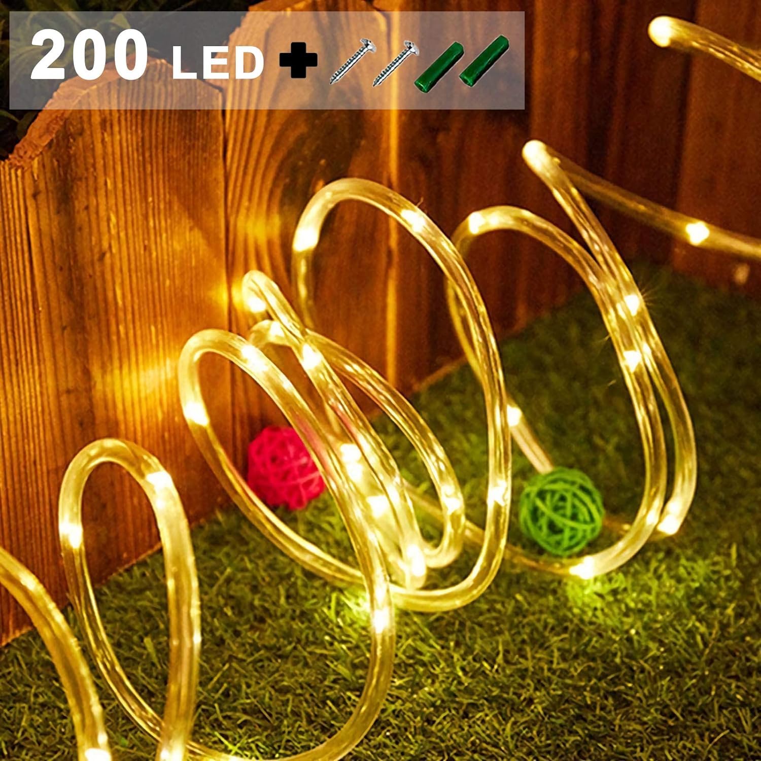 KUshopfast Solar Rope Lights, 200 LED, 66 Feet, Warm White, 8 Modes, Waterproof String Lights for Outdoor Garden Patio Decoration