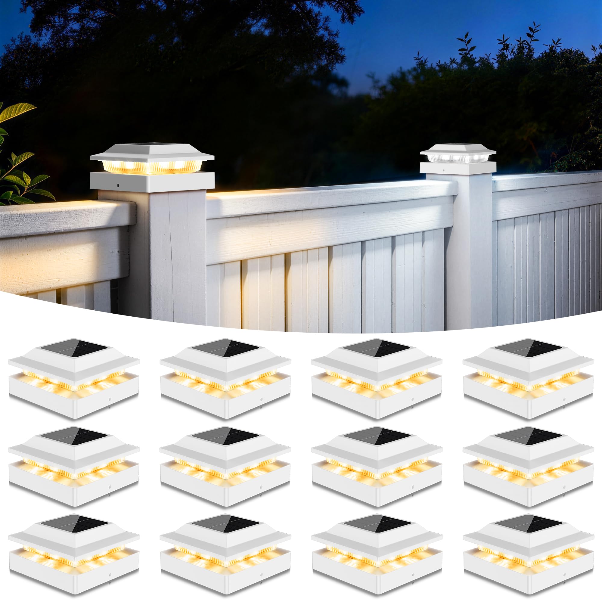 Toeuie Solar Post Cap Lights 12-Pack, IP65 Waterproof Fence Post Solar Lights for 4x4 Wood/Vinyl Posts, Outdoor Post Lights with
