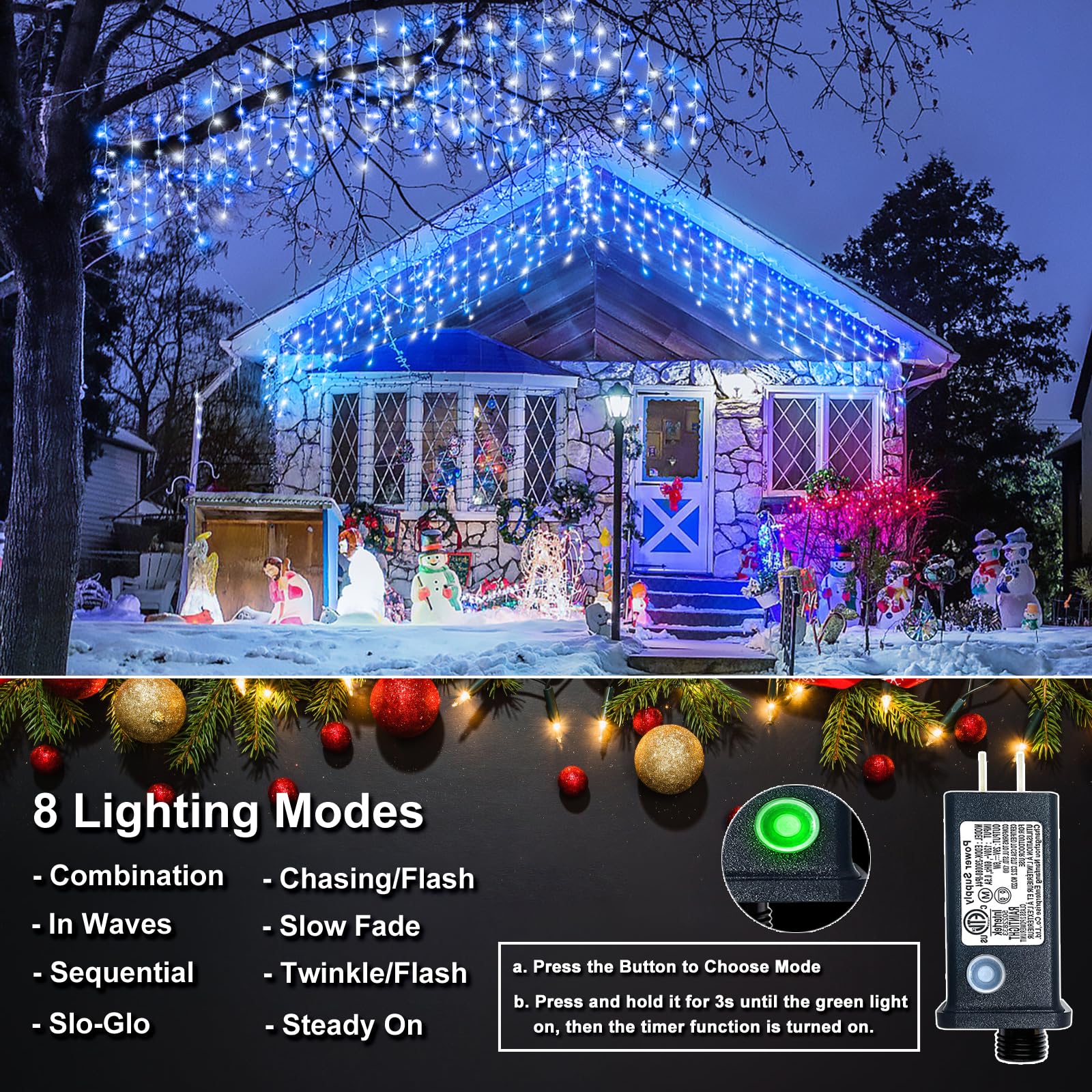 Xmasbokeh 33Ft 400 Led Christmas Lights Outdoor, Icicle Lights With 8 Modes 75 Drops, Waterproof Plug In Curtain String Lights For Indoor House Room Patio Party Wedding Decorations, Blue And White