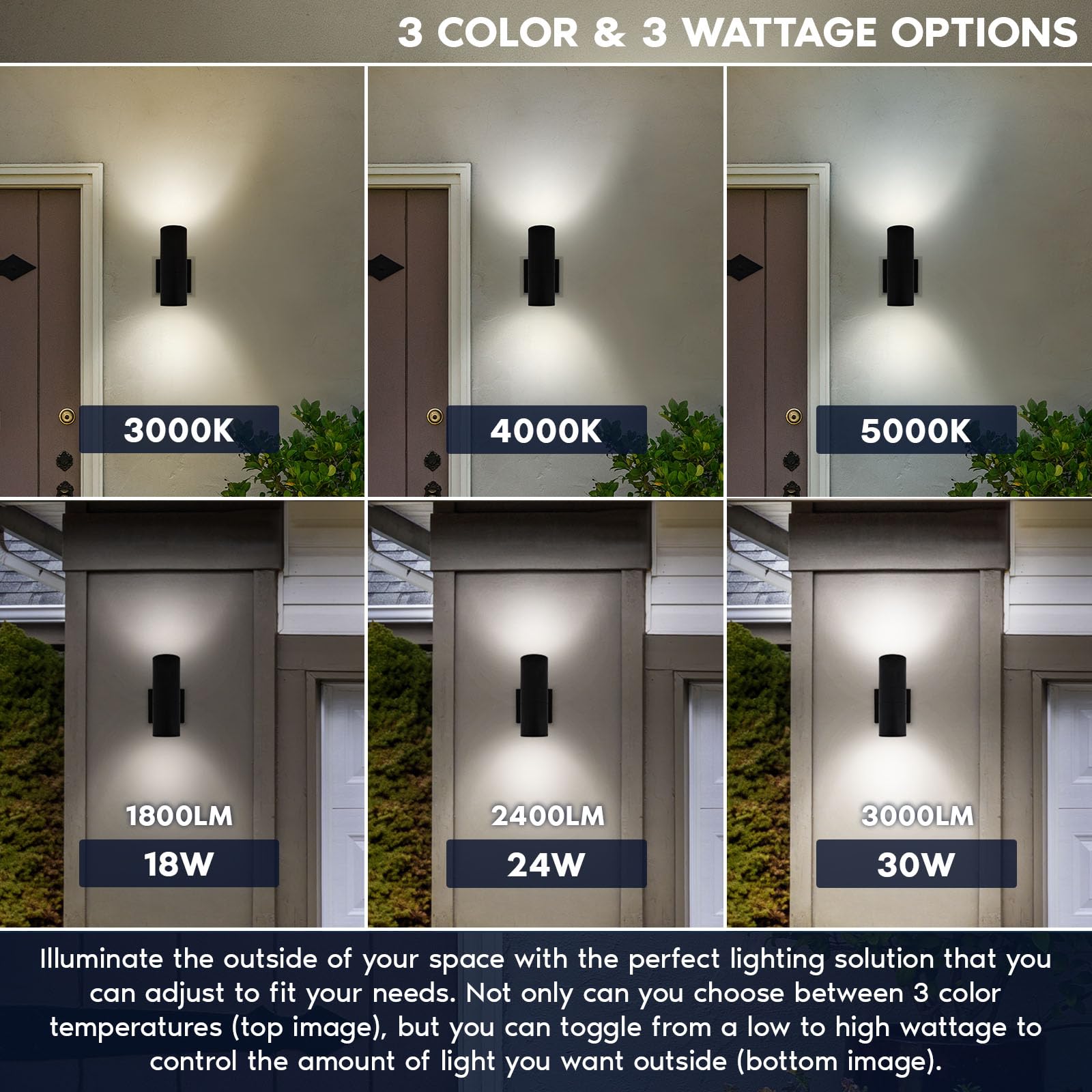 LUXRITE Dusk to Dawn LED Wall Lights, Waterproof Cylinder Sconce, 12in, 3CCT (3000K-5000K), Dimmable, Black, 2