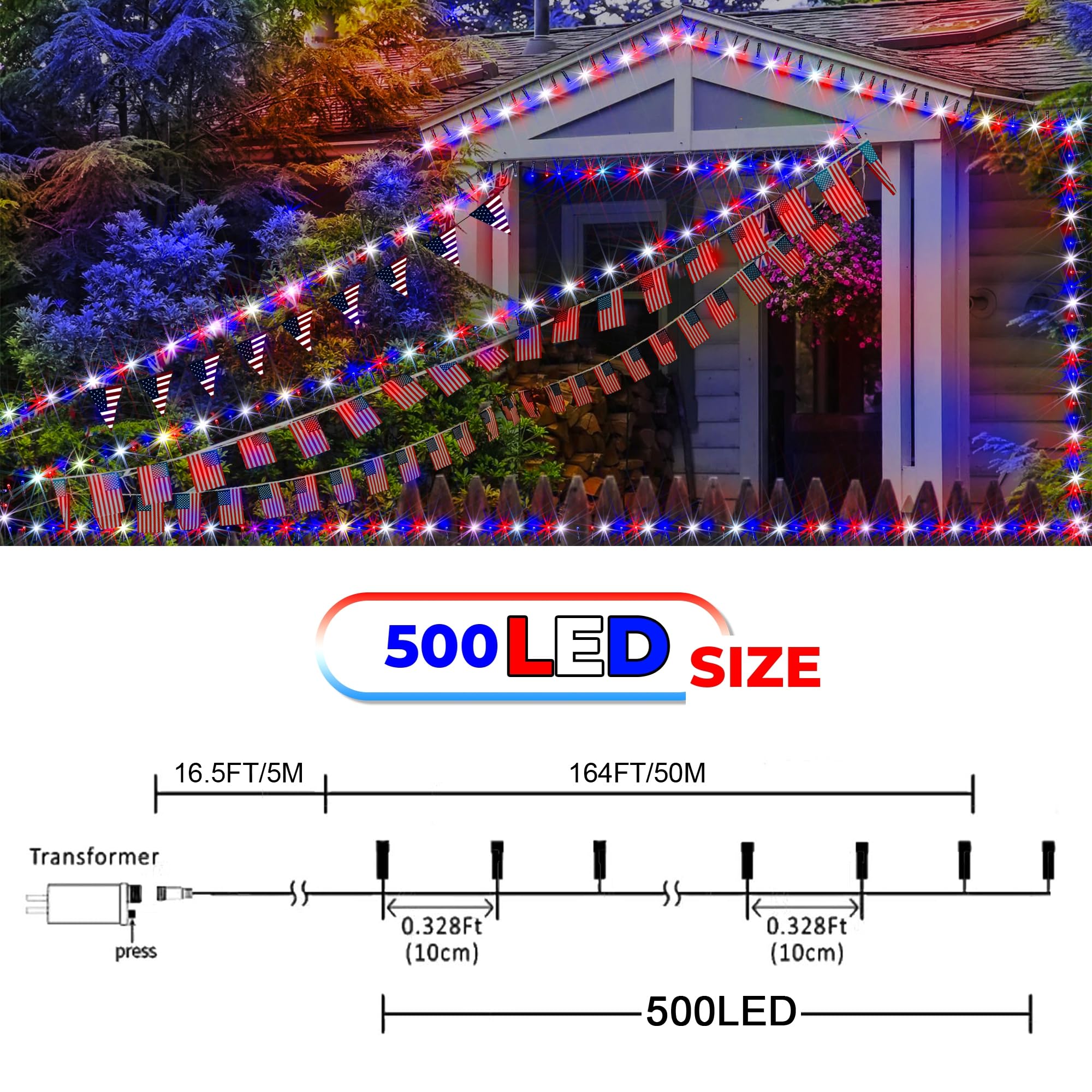 kemooie 500 LED Outdoor String Lights - Red, White & Blue - 8 Modes, Waterproof - 4th of July & Memorial Day Decor