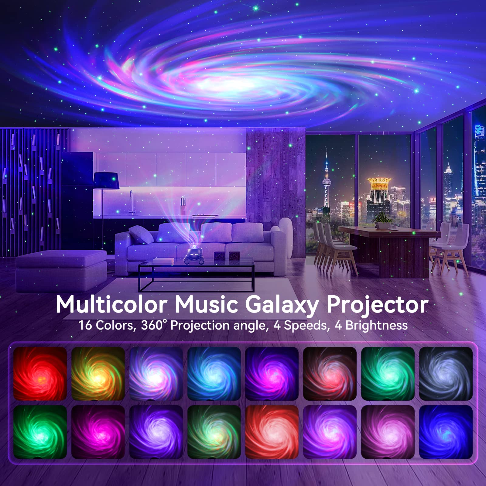 Enokik Galaxy Projector With Bluetooth Speaker - Star & Aurora Night Light For Home & Parties - Black