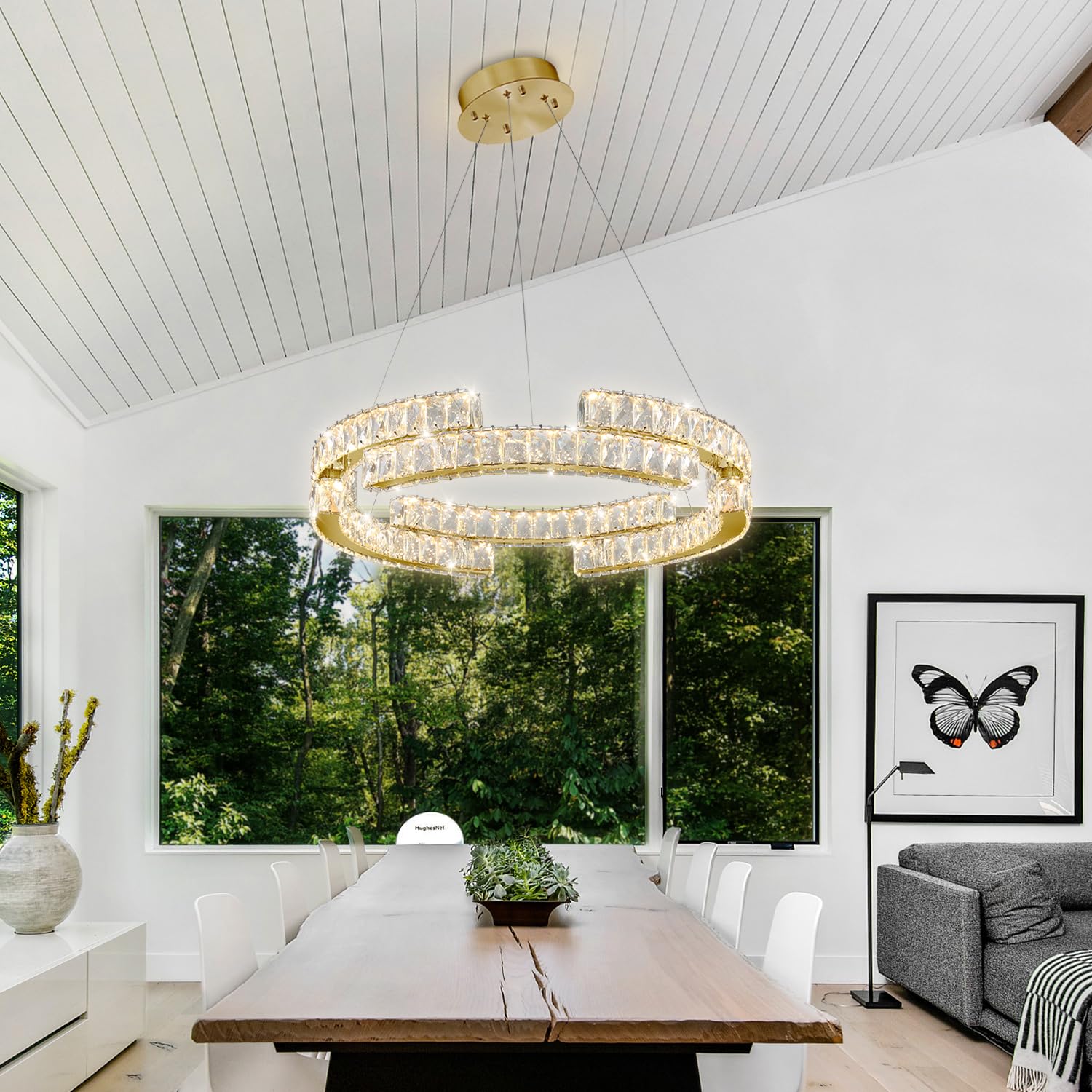 IDEQUY Modern Gold 3 Ring Crystal Chandelier, 47.5''-16'' Dimmable Pendant Light, Stainless Steel & Crystal, Model CF8014-4710J