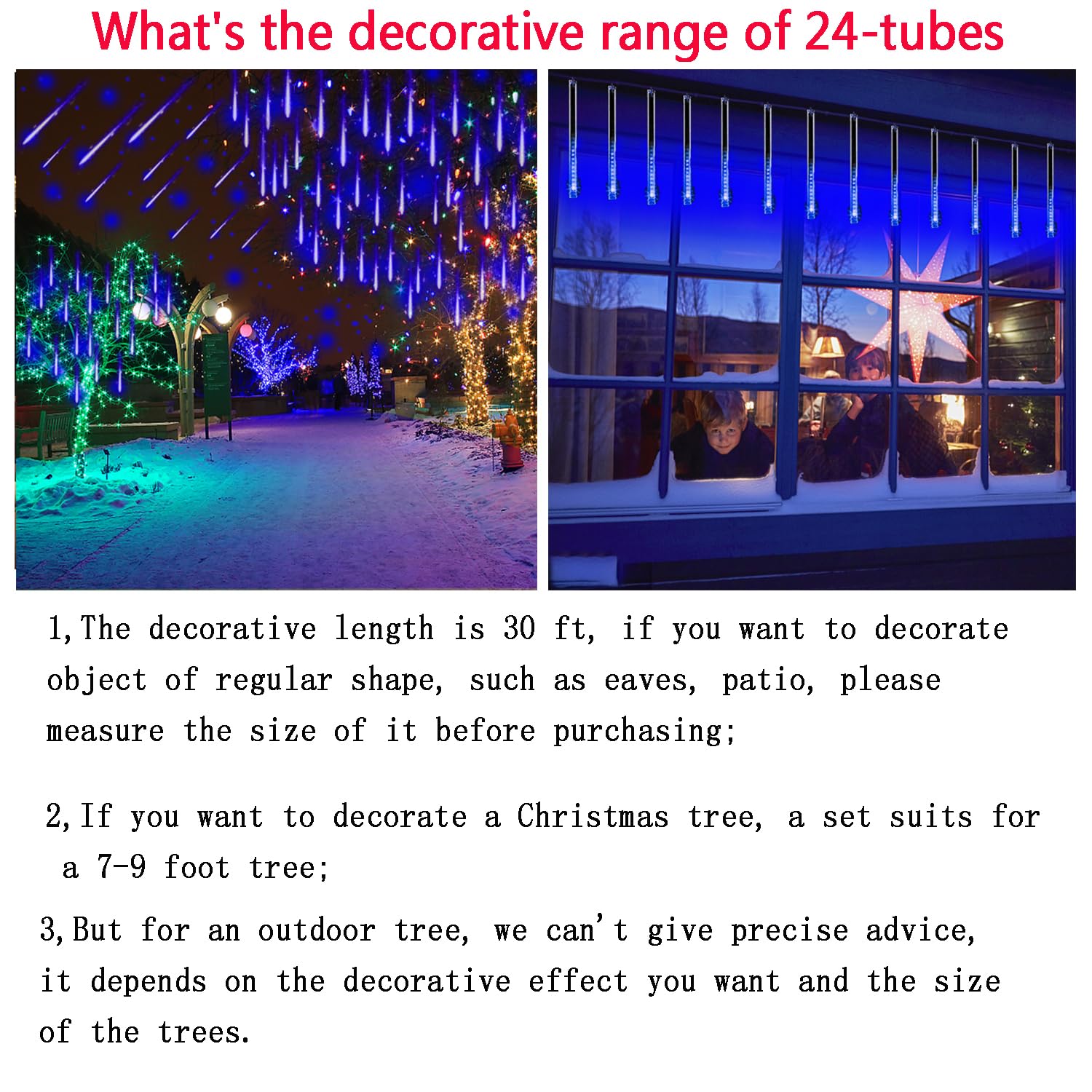 Kwaiffeo LED Meteor Shower Lights, 24 Tubes, 30CM, Blue, PVC, Outdoor Christmas Decorations for Yard & Party