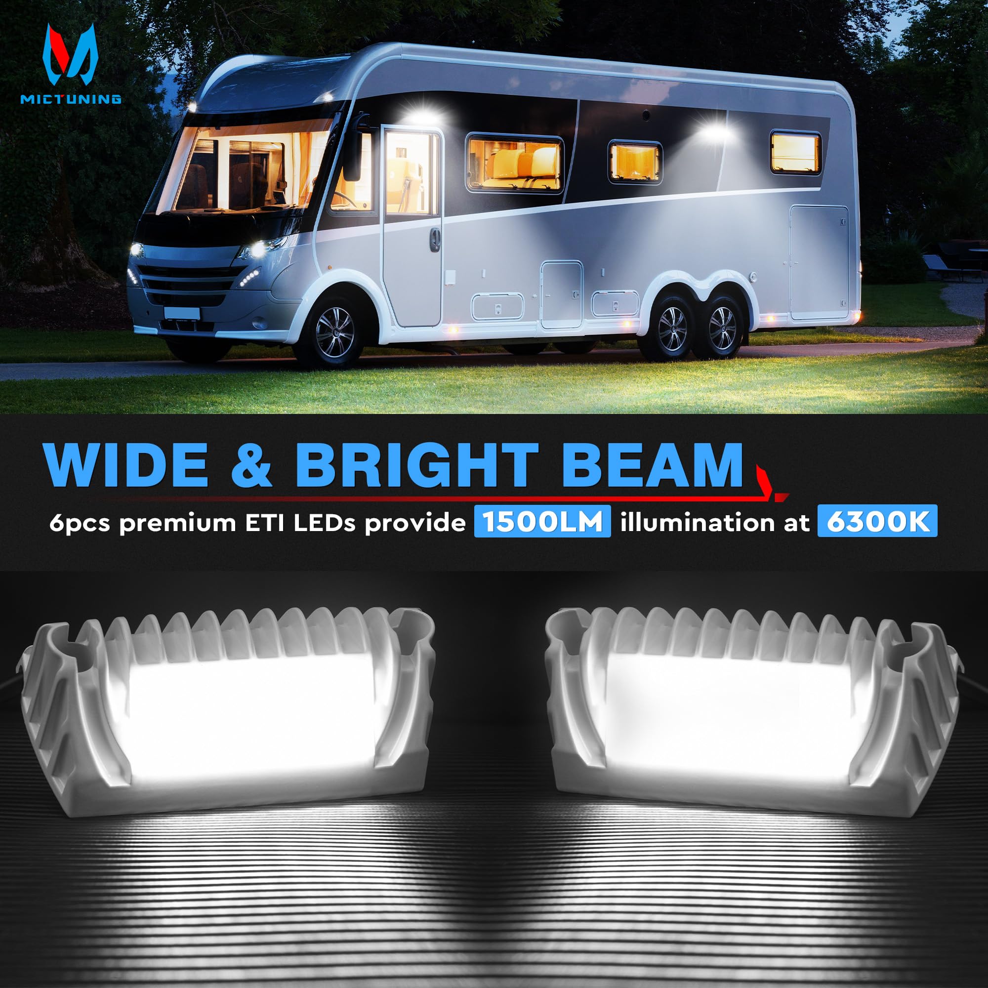 MICTUNING RV Exterior LED Porch Light, 12V 750LM, Aluminium, 2 Packs, White, Model MIC-RPL