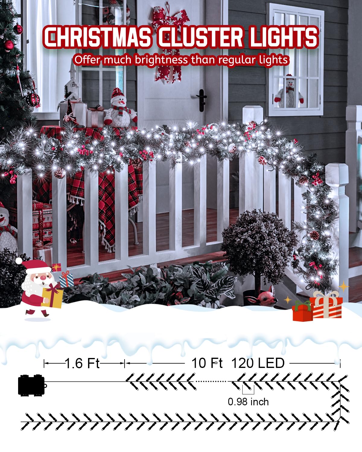 Brightown Christmas Cluster Lights Battery Operated Outdoor, 10Ft 120 LED Christmas Tree Lights Firecracker String Lights Waterp