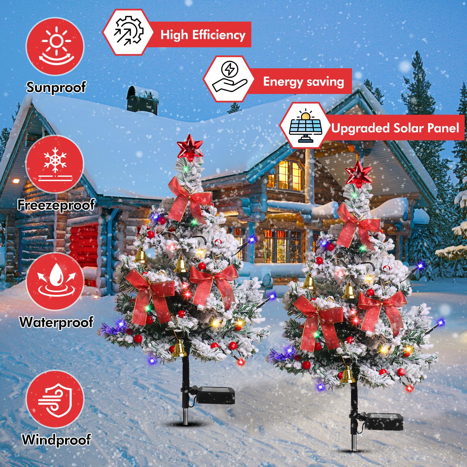 Solar Christmas Trees Decorations, 2 Pack Solar Powered Xmas Tree Lights, Pathway Lights With Multi-Color Lights Waterproof For