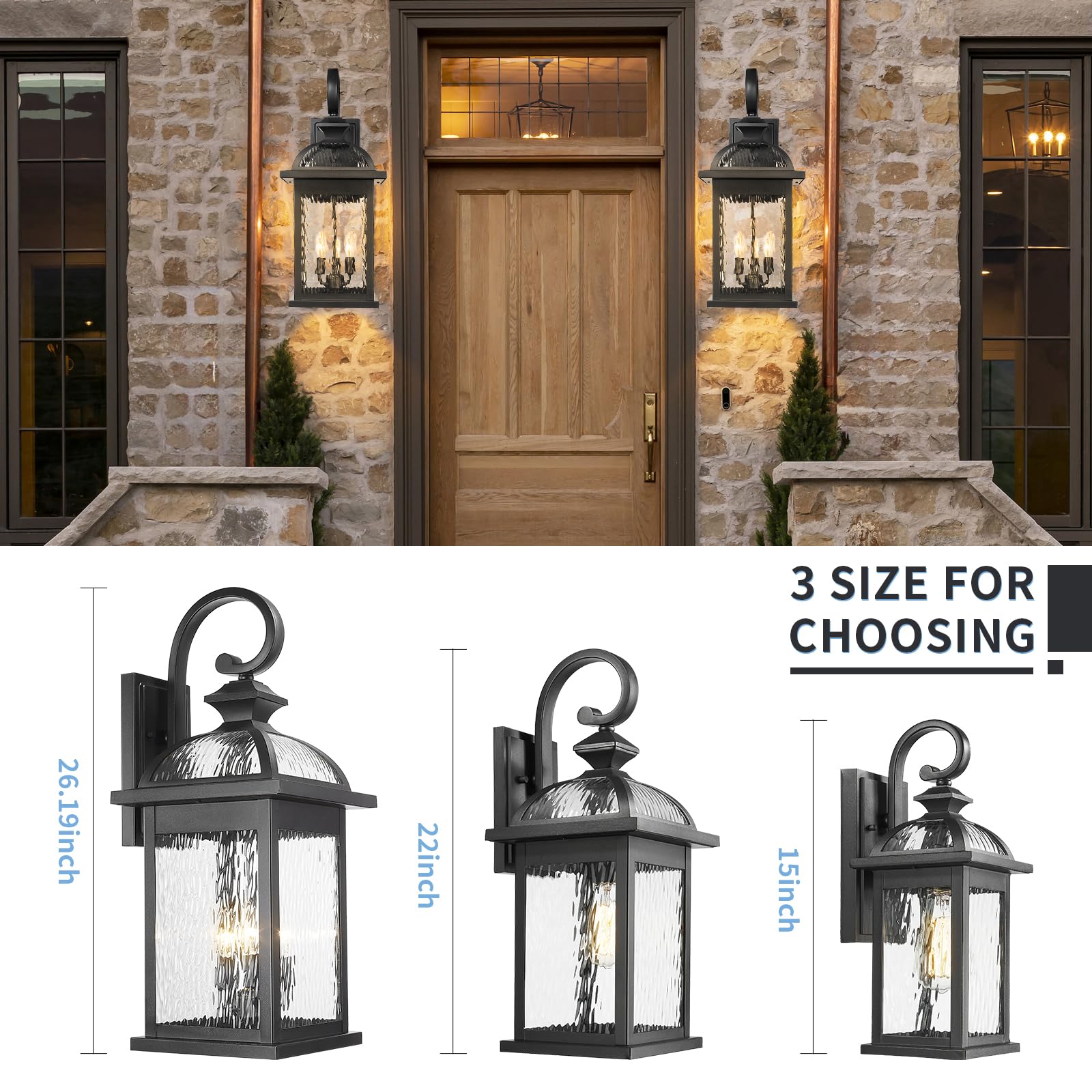 Darkaway Outdoor Wall Sconce Light, Extra Large 26" Black Water Ripple Glass, Model 6D5B, Ideal for Porch, Patio, Garage
