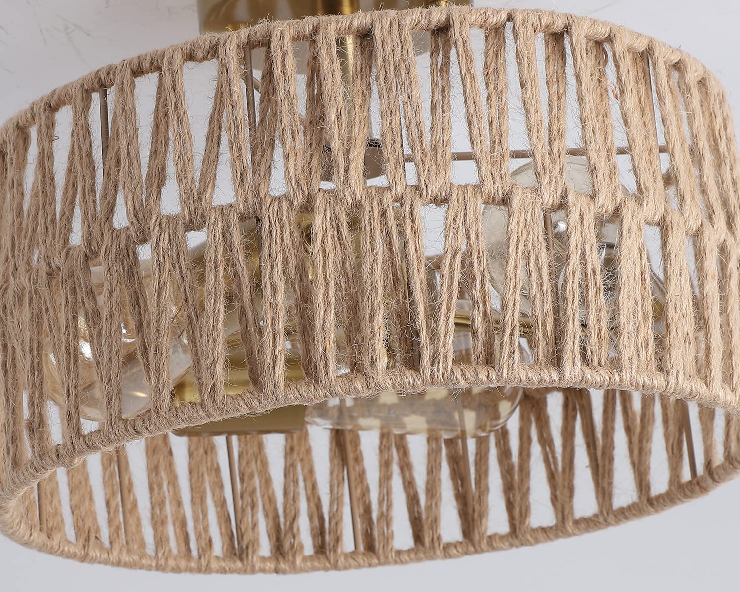 Hchunqjor 3-Light Antique Gold Woven Flush Mount Light Fixture Rustic Coastal Hemp Rope Brass Semi Flush Mount Ceiling Light For