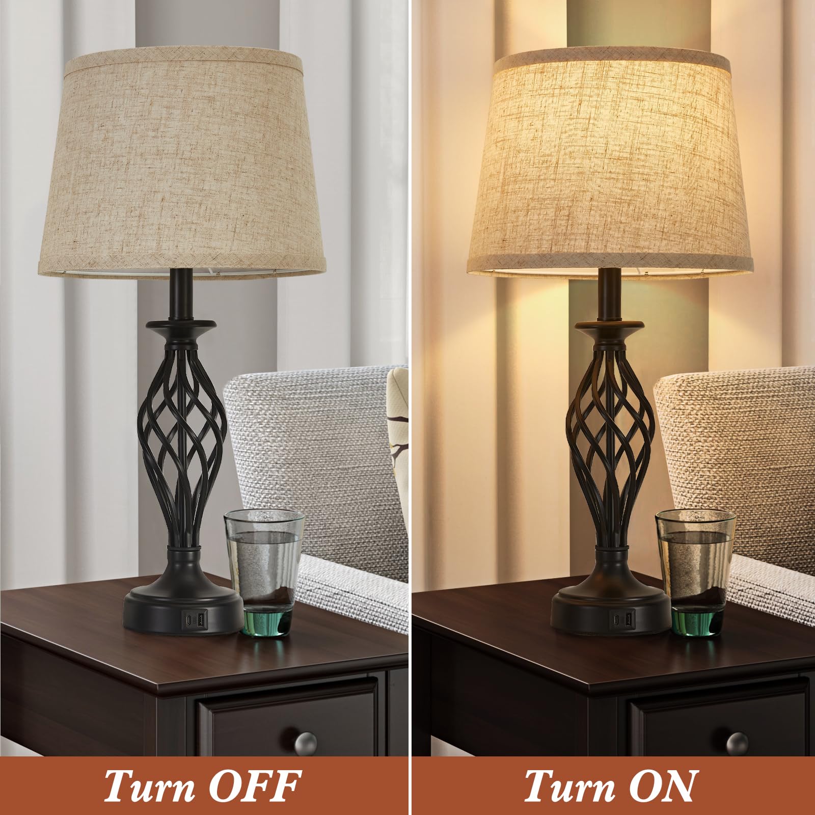 EJIAXIN Modern Table Lamp Set of 2, Black Base with Beige Shade, USB C+A Ports, Includes 2 LED Bulbs, Model 108