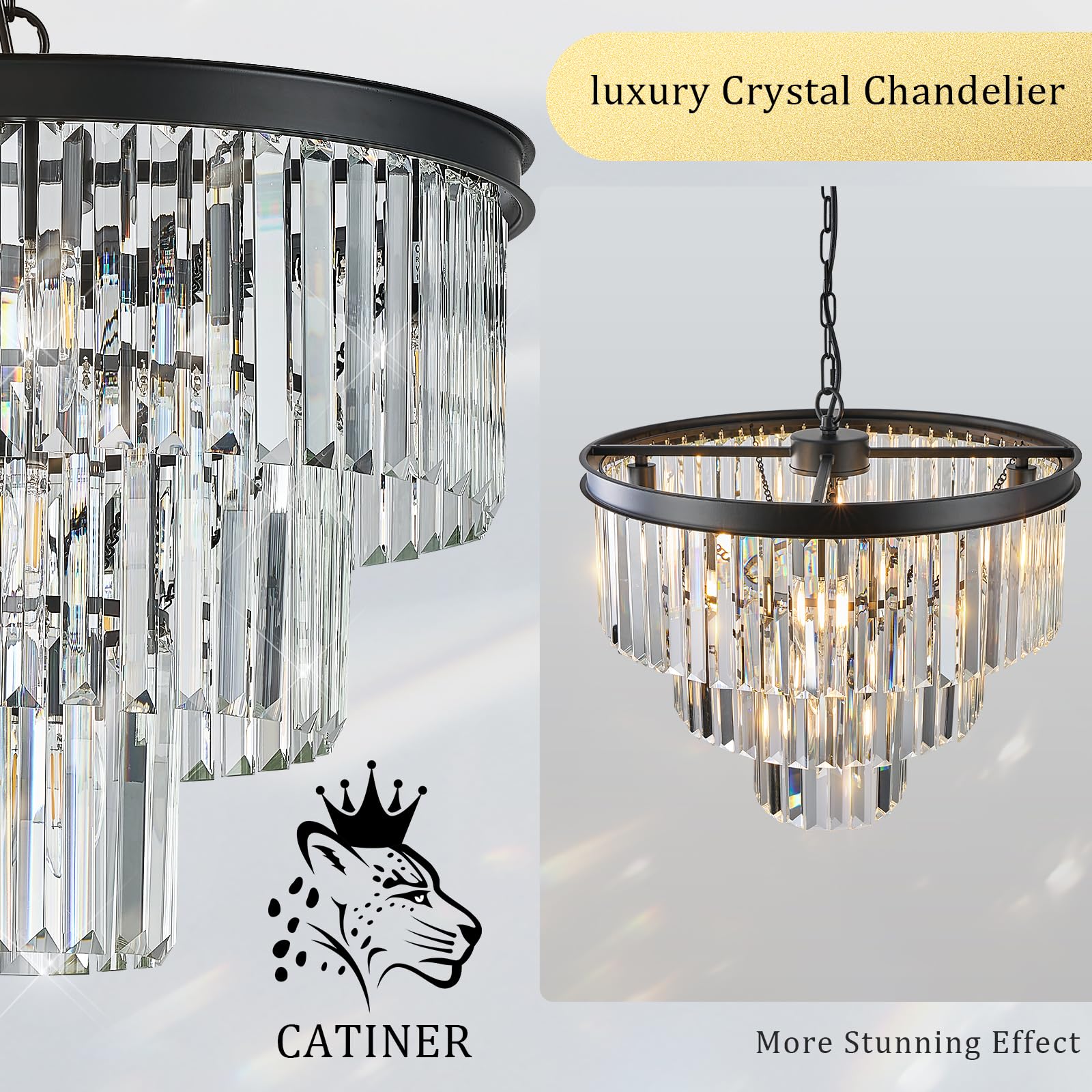 Catiner Black Crystal Chandeliers, 20    Modern Chandeliers For Dining Room 3 Tiers 7 Lights Luxury K9 Crystal Ceiling Pendant R