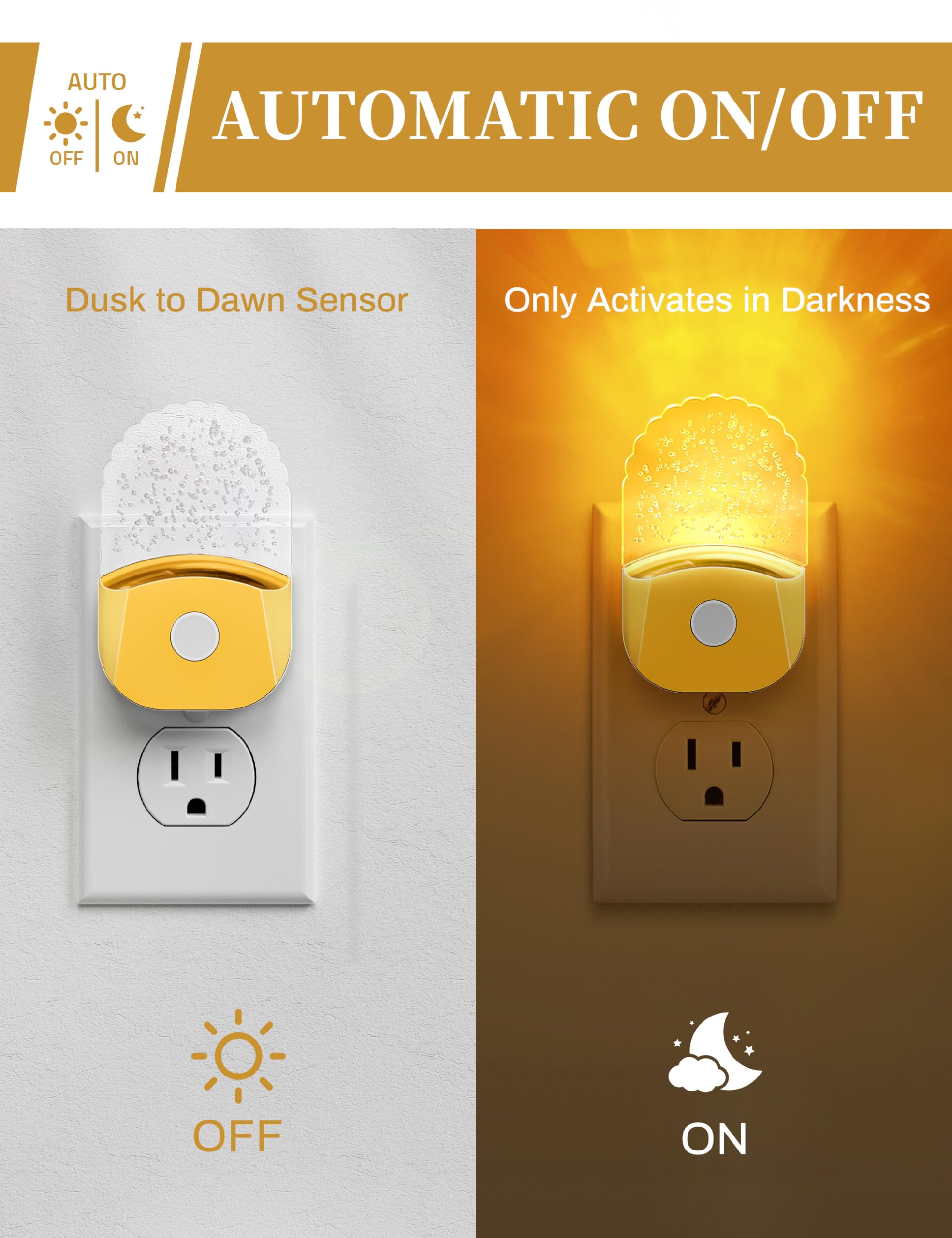 DORESshop RGB LED Night Lights, 2 Pack, Dusk to Dawn Sensor, Plastic, Golden Cover, Model D-GY019