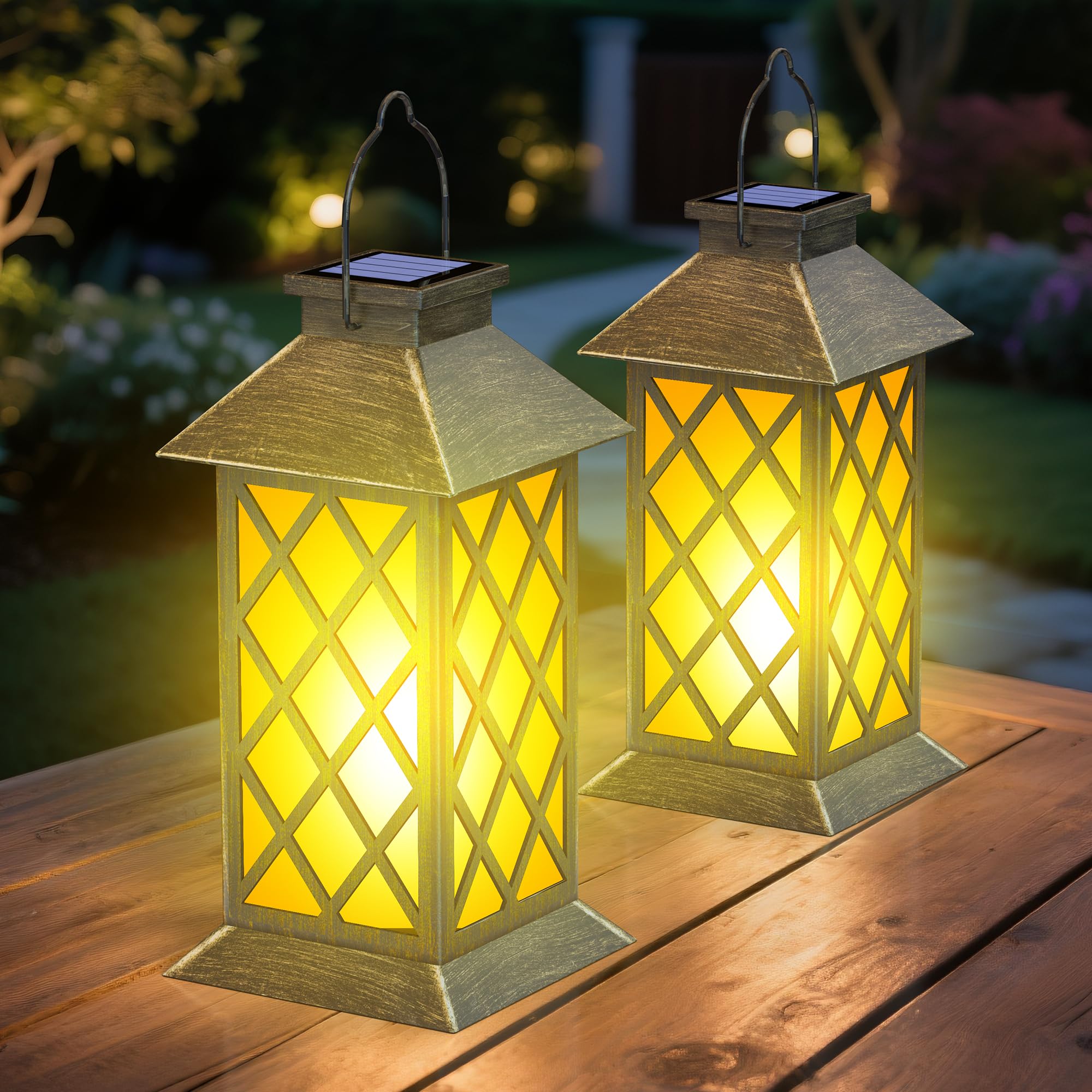 2 Pack 13 Solar Lanterns with Flickering Flame Candle, Outdoor Waterproof Hanging Lantern Lights Metal & Glass for Patio, Pathwa