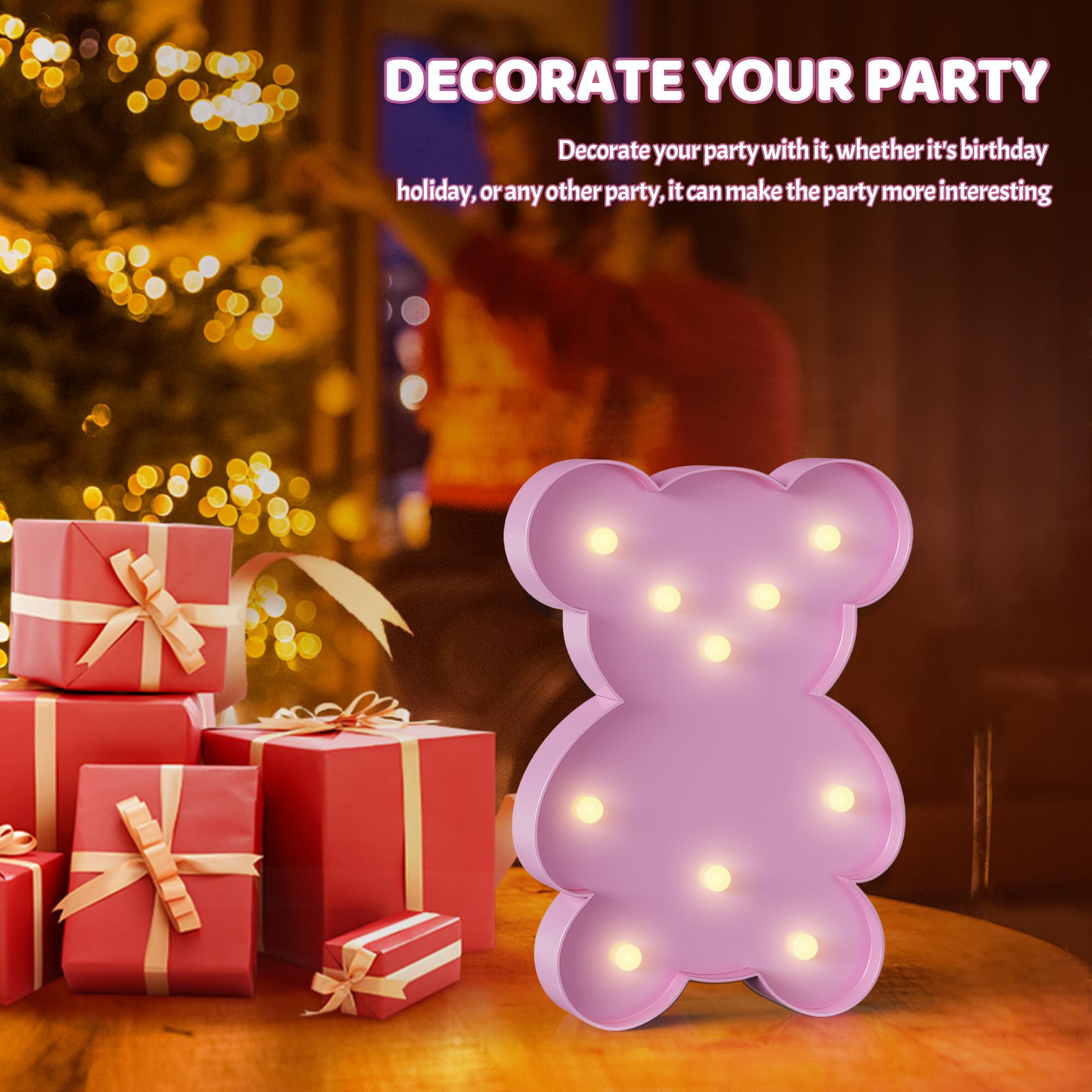 Ganrami Pink Bear Decor, Battery Powered Bear Night Light for Kids, Pink Party Decorations, Baby Night Light for Bedroom, Toddle