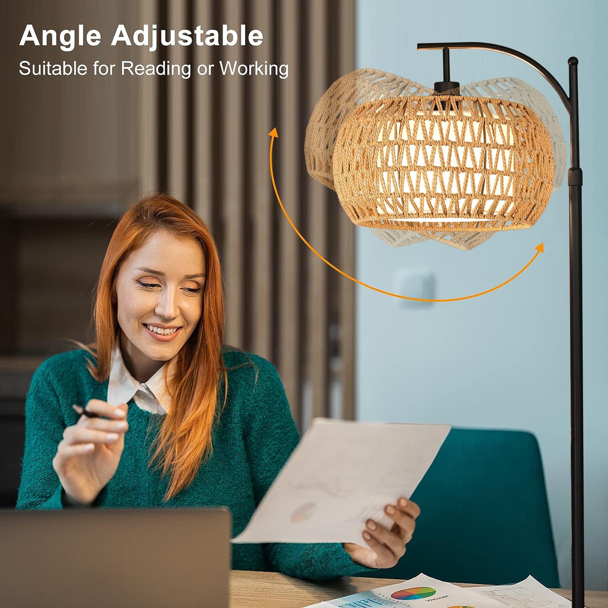 ZECOXOL Arc Floor Lamp - Boho Rattan Design, Dimmable LED, 12" Tall, Black with Remote Control for Living Room and Bedroom