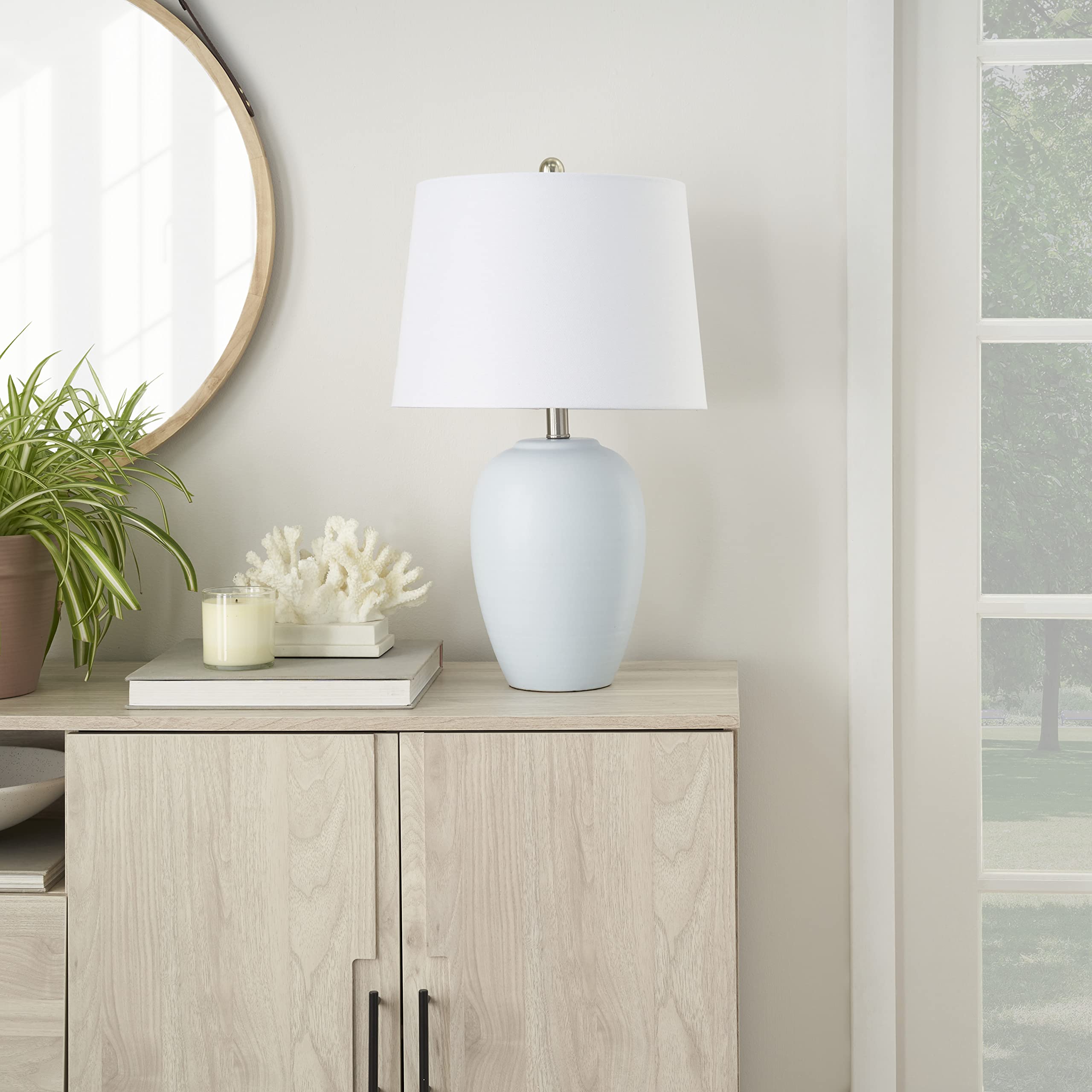 Nourison Coastal Blue Ceramic Table Lamp, 23", White Shade, Ideal for Bedroom, Living Room, Dining Entryway