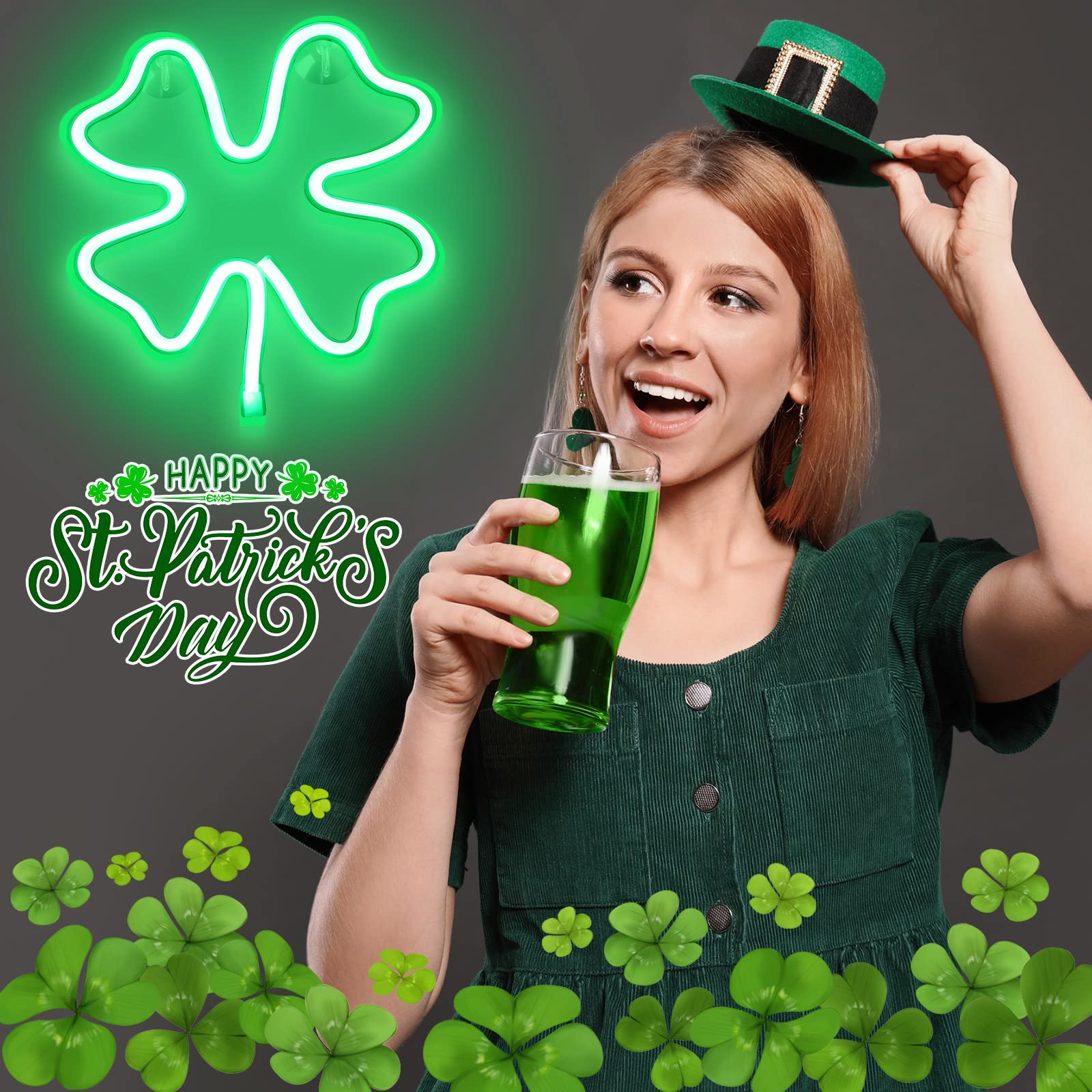 Nuanchu St. Patricks Day Window Decoration, Shamrock Window Lights Green Four Leaf Neon LED Light for St. Patricks Day Irish W