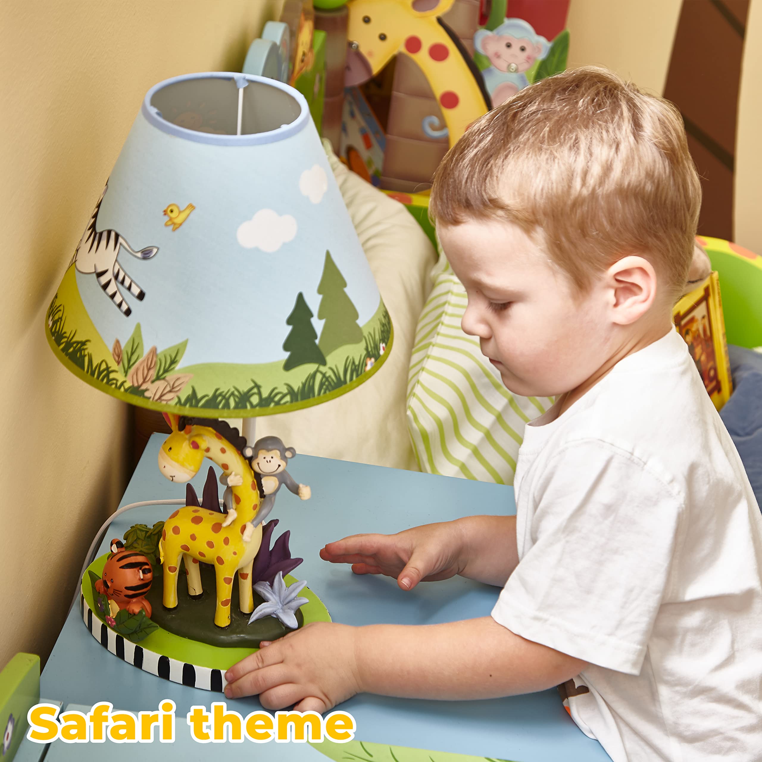 Fantasy Fields - Sunny Safari Animals Thematic Kids Table Lamp, For Girls & Boys Rooms With Printed Zebra Lampshade & Sculpted Monkey, Giraffe, & Tiger Base, Jungle Lamp For Nurseries & Baby Rooms