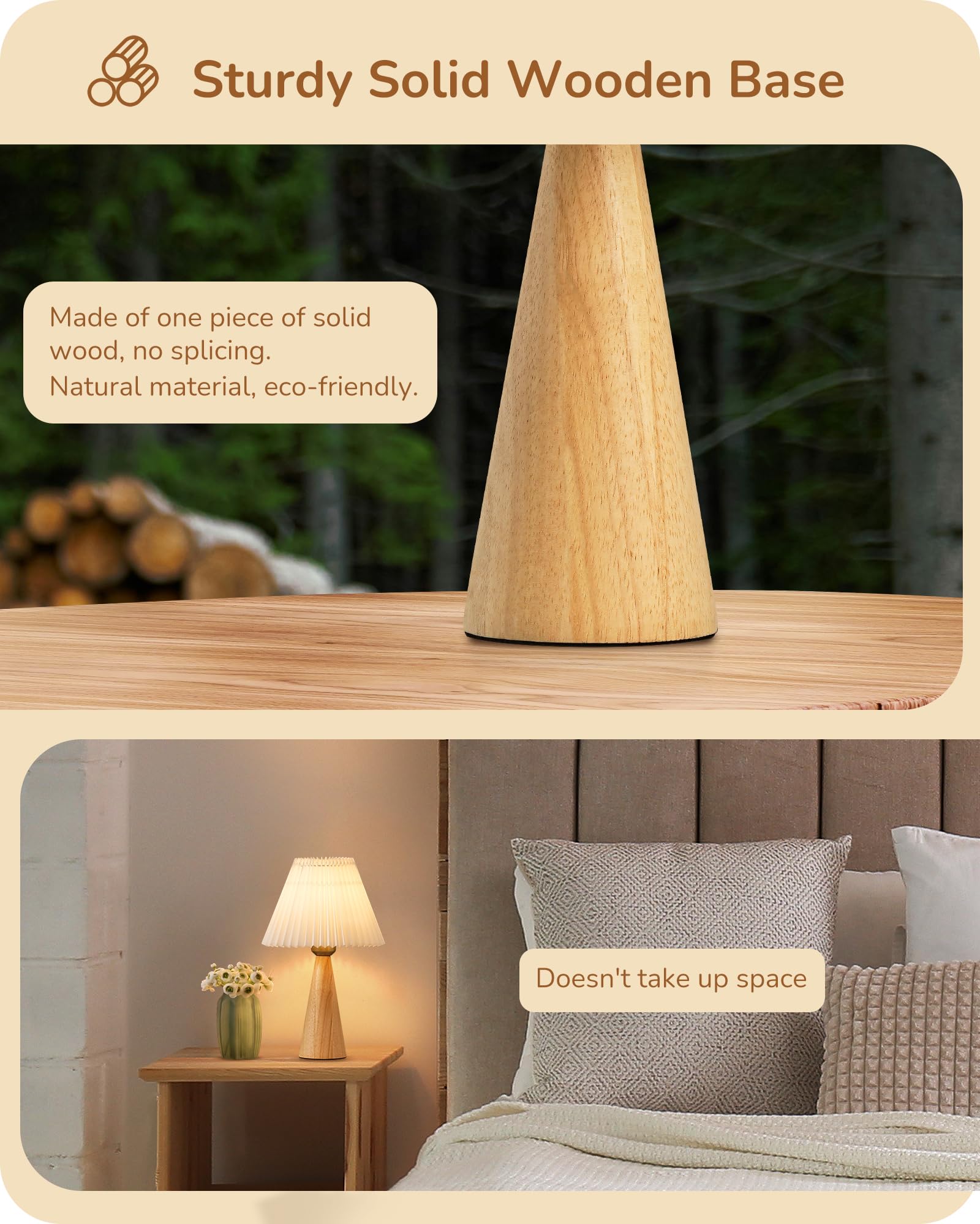 EDISHINE Small Table Lamp, Wooden Base, White Pleated Shade, Space-Saving Design, Burlywood Color, E26, ON-Off Button