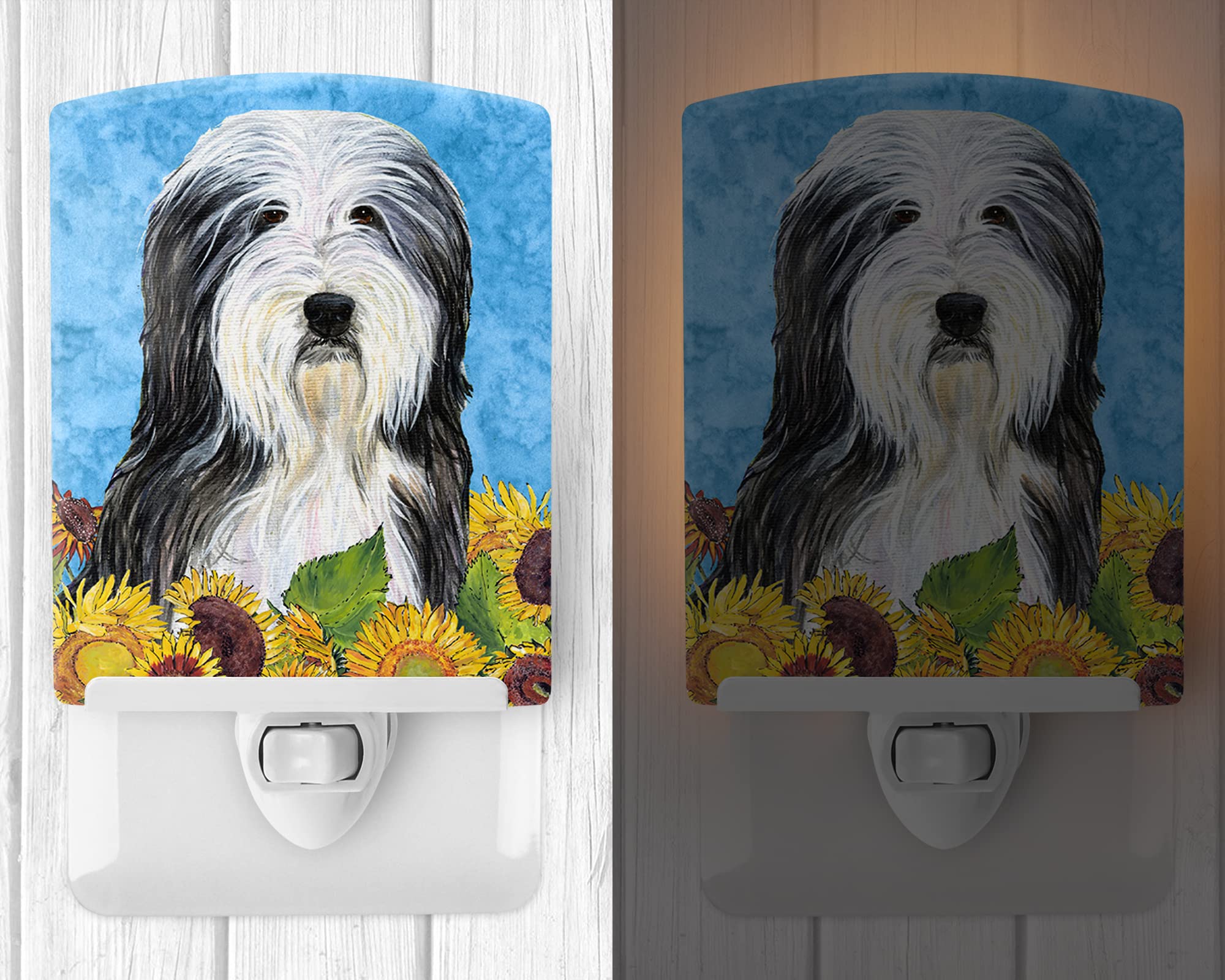 Caroline'S Treasures Ss4130Cnl Bearded Collie In Summer Flowers Ceramic Night Light Compact, Ul-Certified, Ideal For Bedroom, Bathroom, Nursery, Hallway, Kitchen, 6X4X3, Multicolor