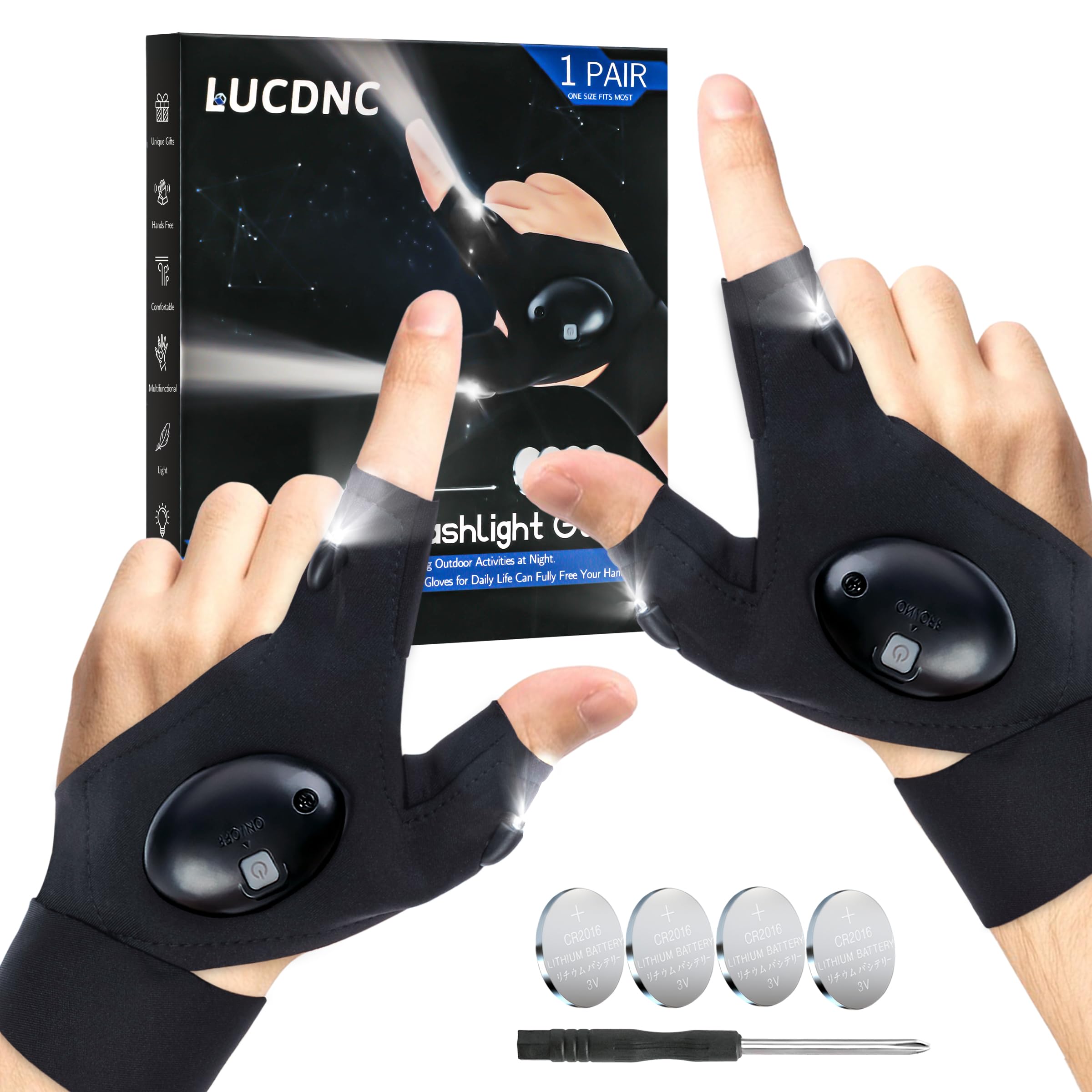 lucdnc LED Flashlight Gloves, Hands-Free Lights Tool, Stretch Fabric, Standard Size, Black 1 PCS