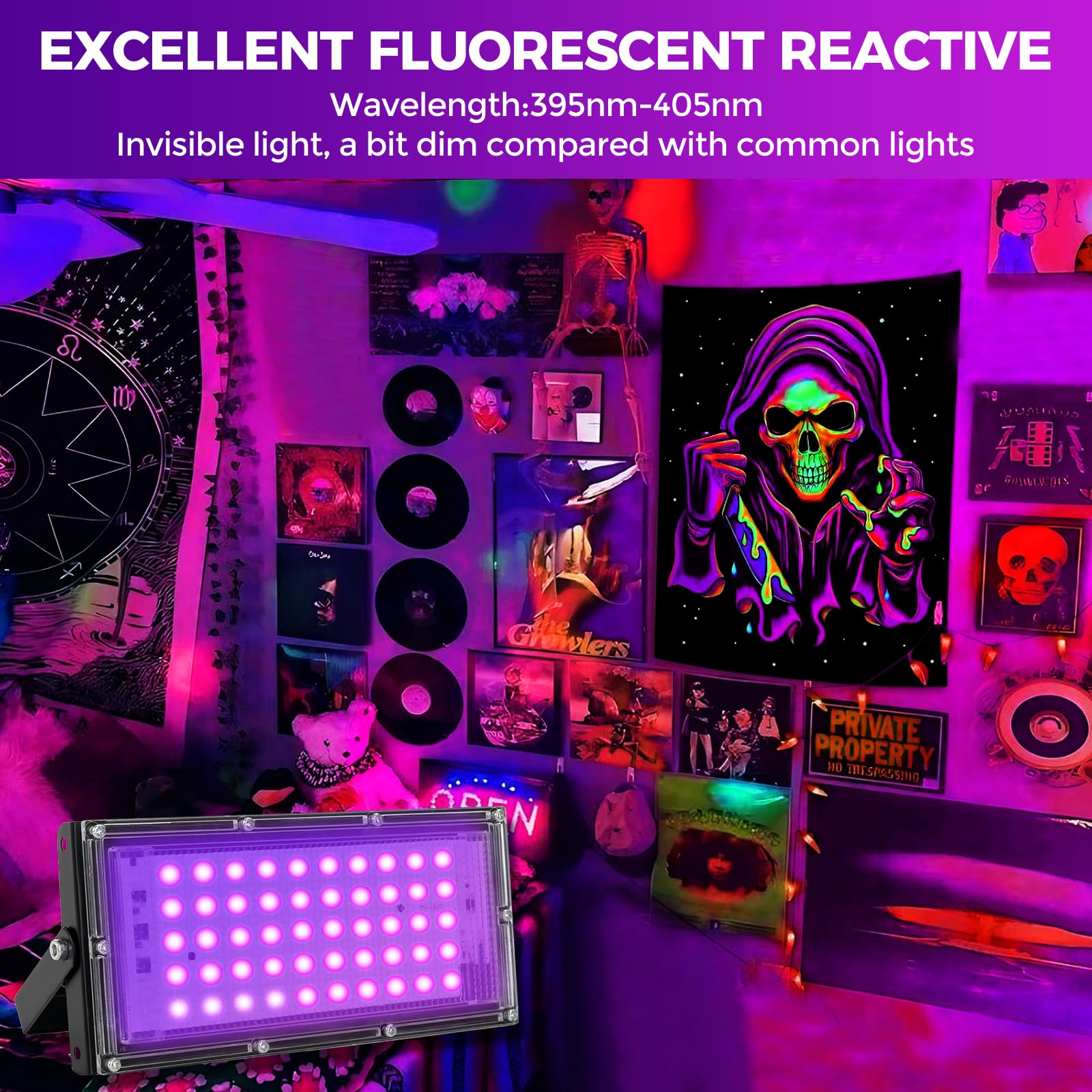 Waygor 50W LED Black Lights, IP65 Waterproof UV Floodlight, 395nm, Purple, Model WG-UV50-4P, 4 Pack