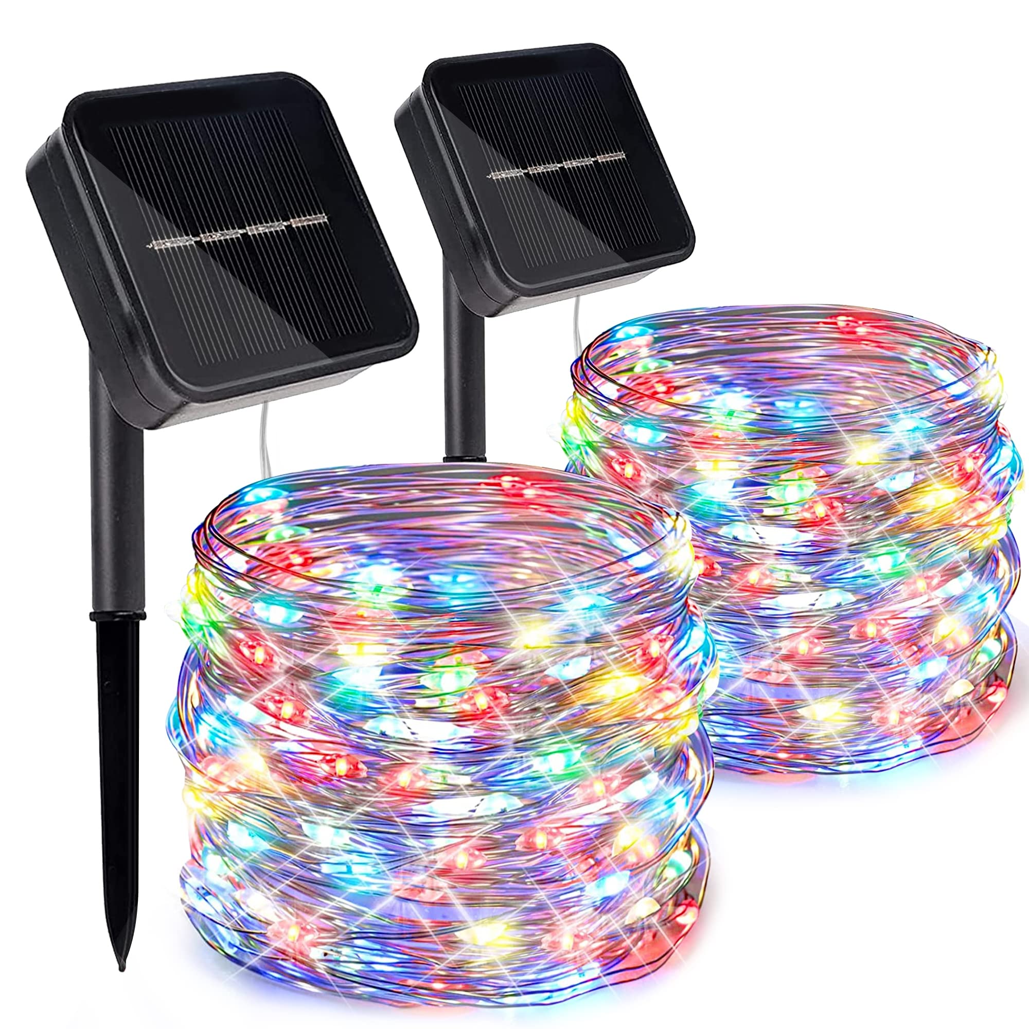 kemooie 2 Packs Solar Christmas Lights, 100 LED 33FT 8 Twinkle Modes Multicolor Solar Powered Fairy Lights, Waterproof for Outdoor, Tree, Garden, Christmas Decorations(Multi Color)