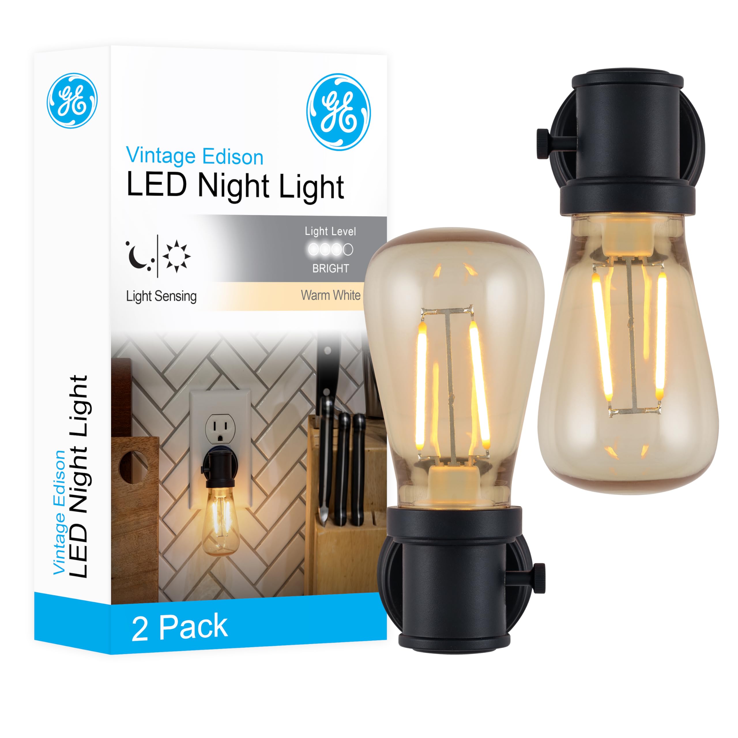 GE Vintage LED Edison Night Light, Plug-in, Dusk to Dawn, Farmhouse Decor, Mood Lighting, Home Decor, Ambient Lighting, LED Ligh
