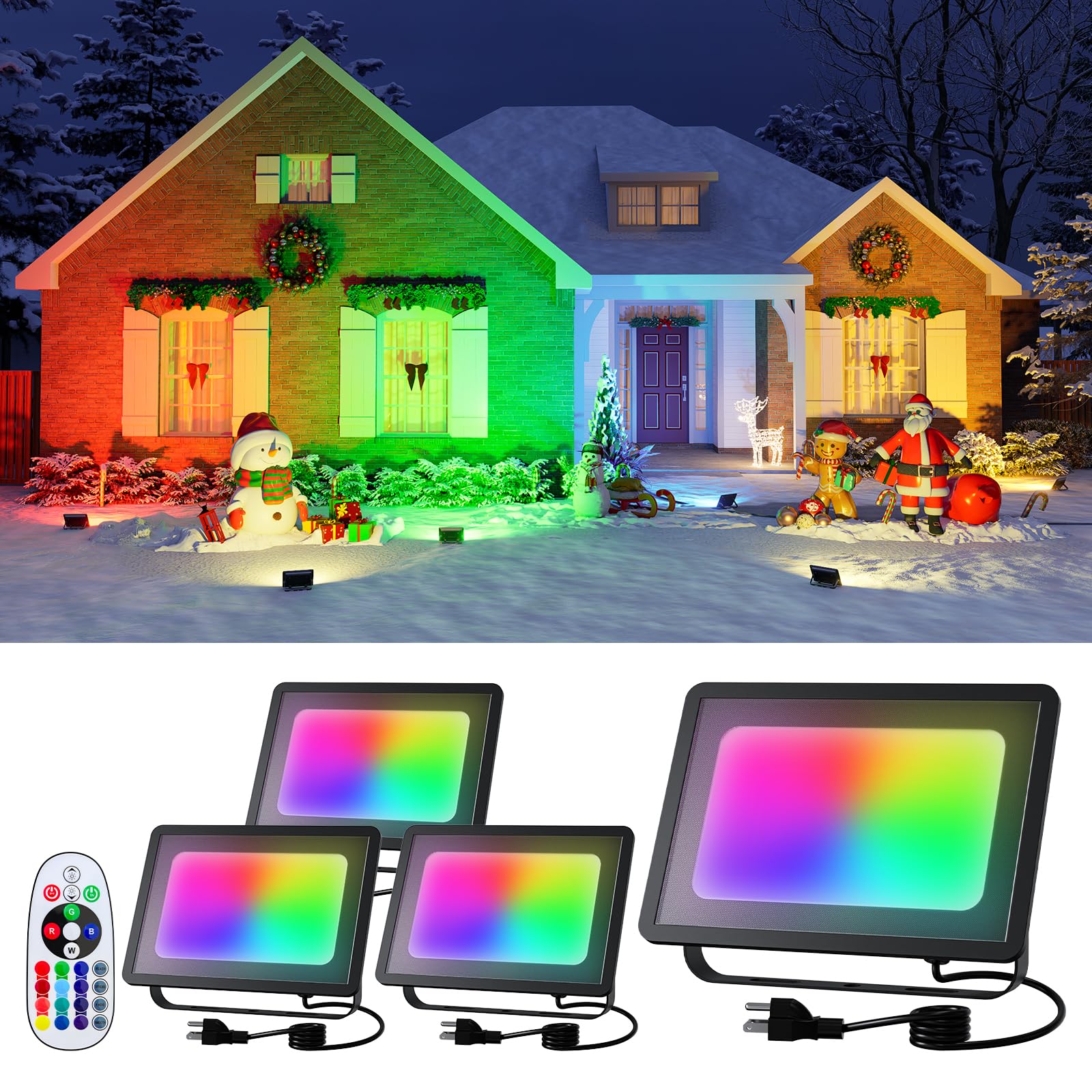 4 Pack 50W Christmas Led Flood Lights 500W Equi Color Changing With Remote Waterproof 16 Multicolor Lamp Indoor Or Outdoor Up Lighting For Santa Claus  Reindeer  Xmas Tree  Gift Box  Gingerbread Man
