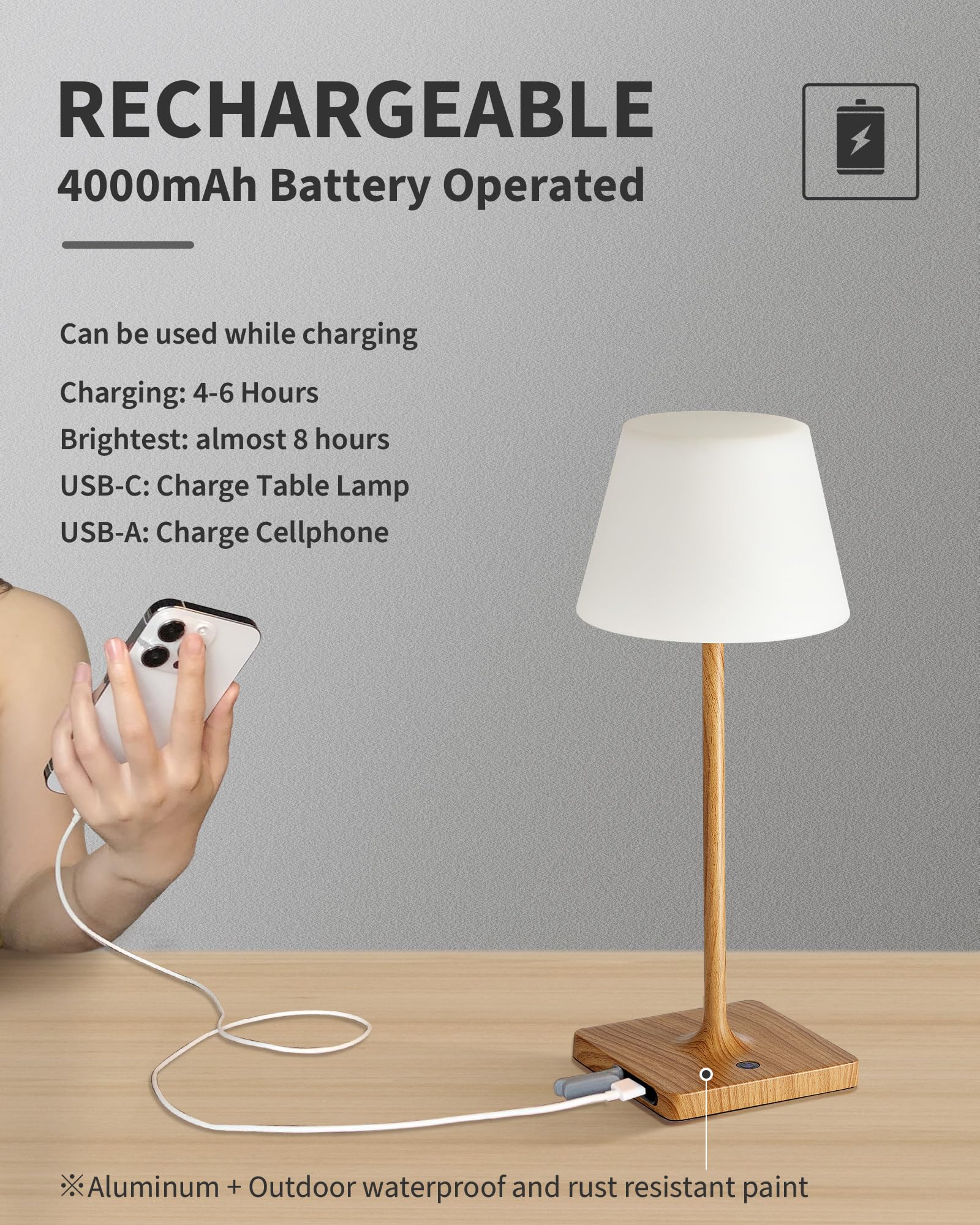 Newsee Cordless Portable Touch Table Lamp Waterproof Shower Lamp Set Of 2, 4000Mah Rechargeable Battery Powered Dimmable Led Des