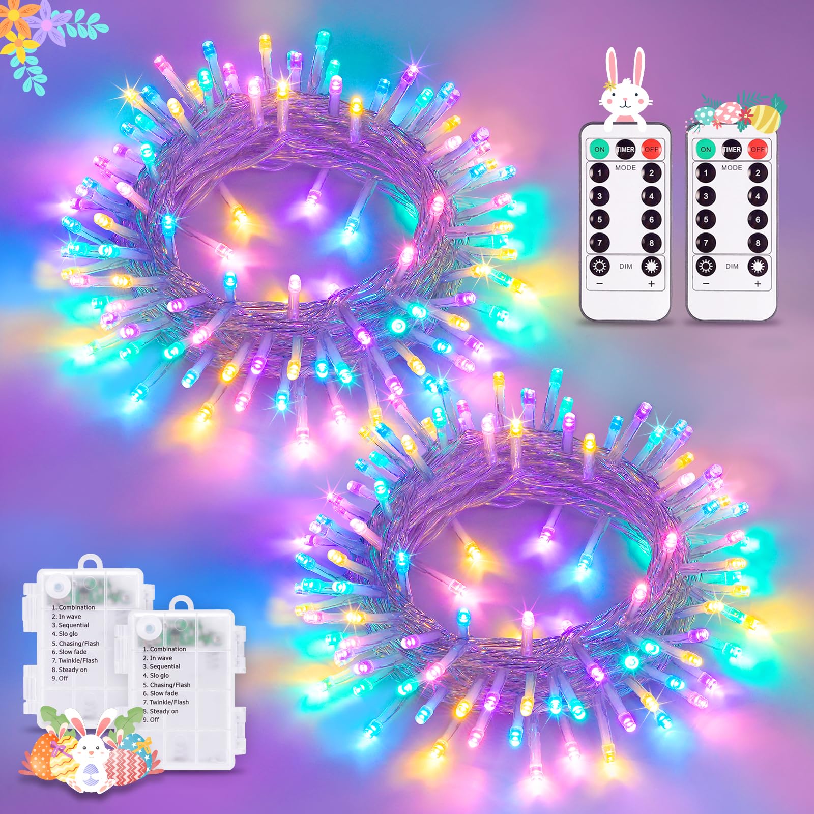 POTIVE Easter Lights Battery Operated Indoor,2 Pack Total 66ft 200 LED Easter String Lights Battery Powered,8 Modes Multicolor E