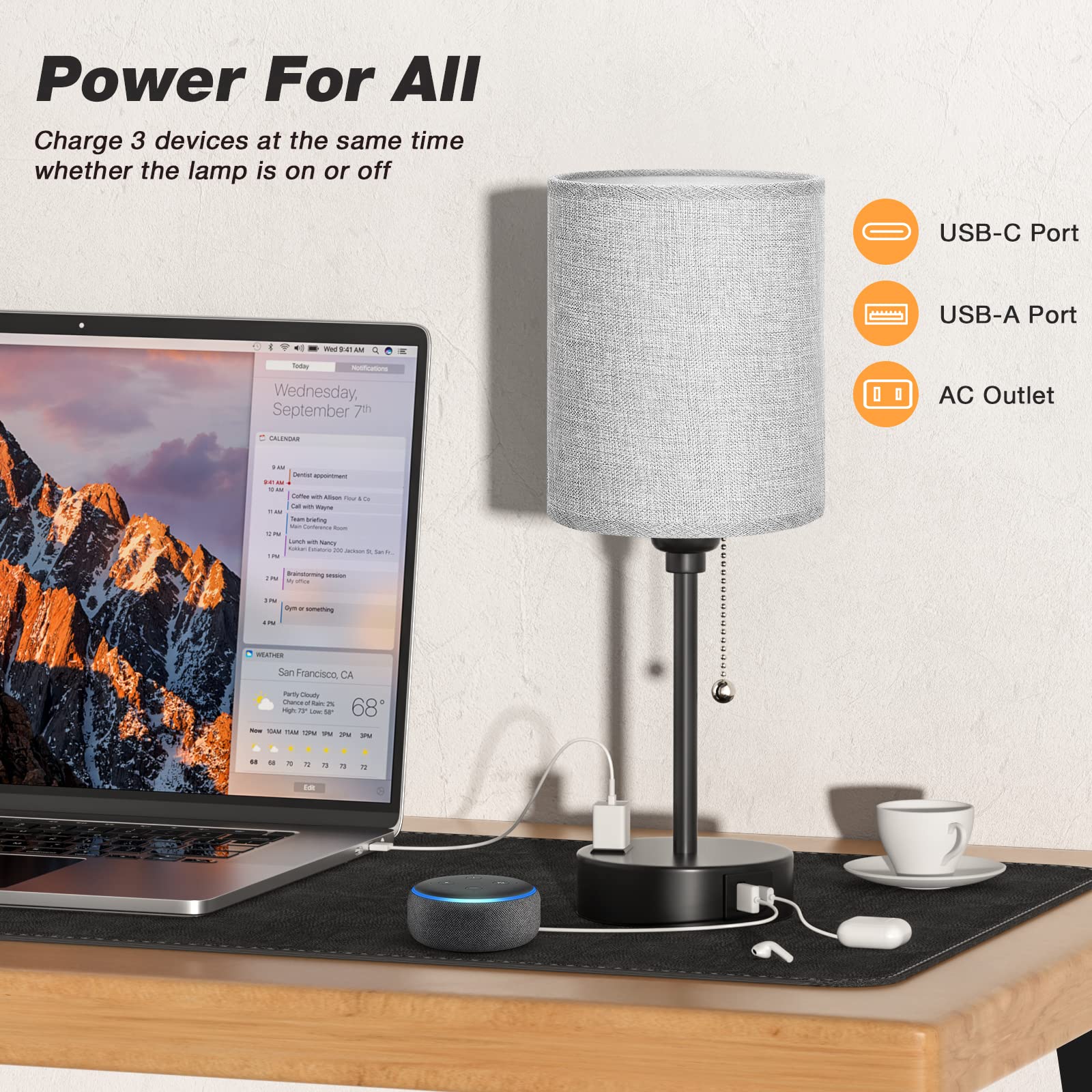 Grey Nightstand Lamps 3 Color Temperatures - 2700K 3500K 5000K Bedside Lamps With Usb C And A Ports, Pull Chain Table Lamps With