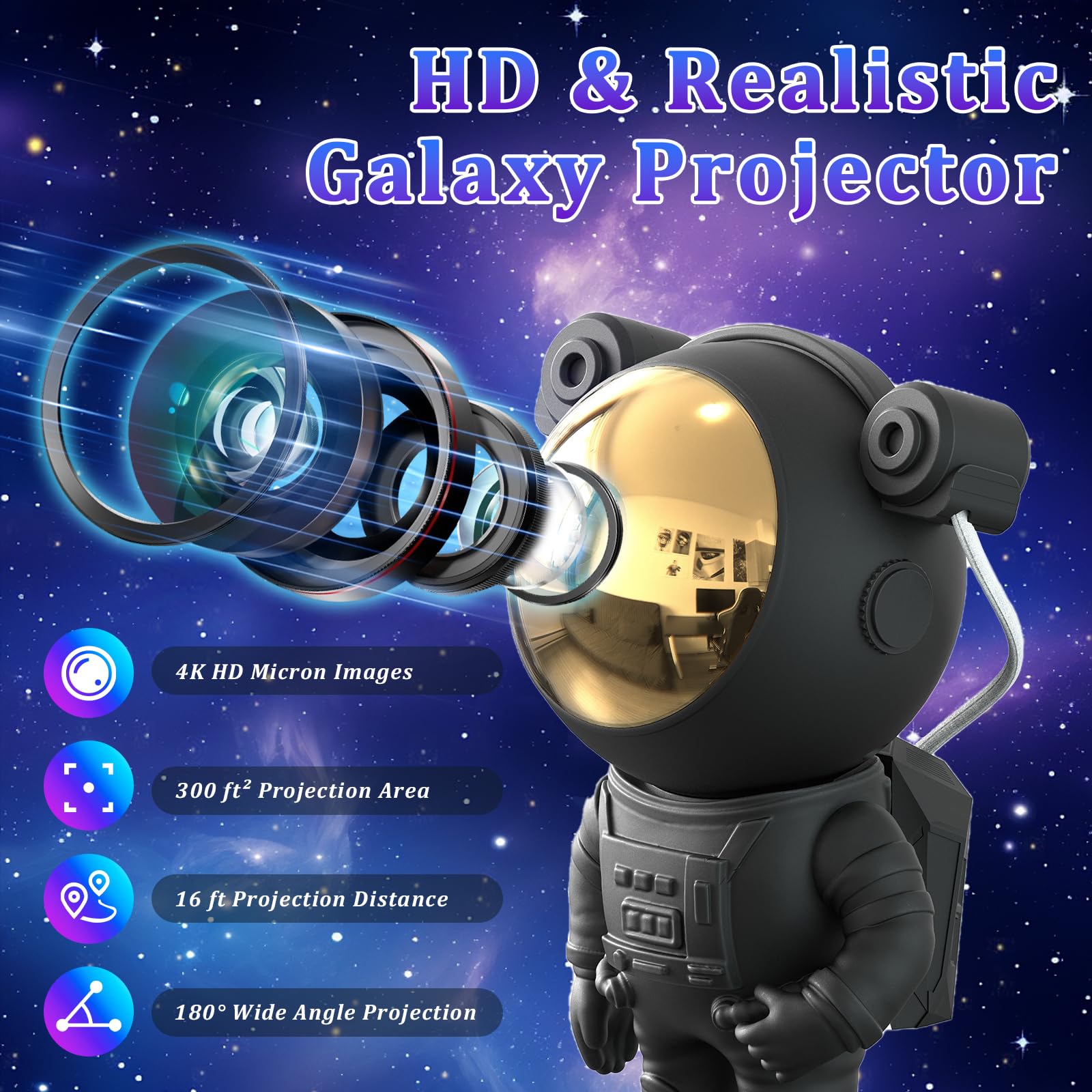 Aspiremit Astronaut Galaxy Light Projector - PVC, Black, with Timer & Remote Control, Star Light for Bedroom, Model As