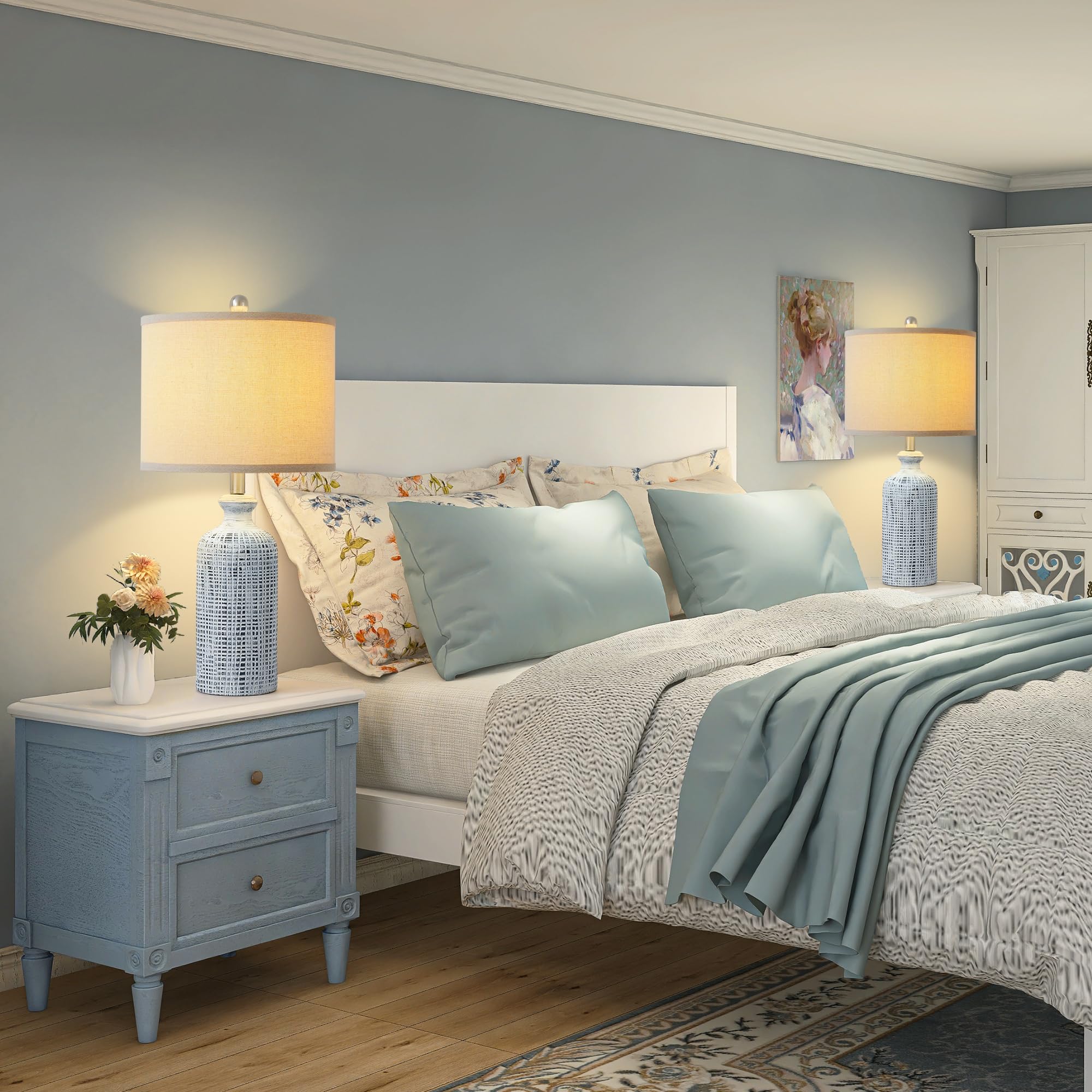 Ireliare Ceramic Table Lamps Set of 2, 25.8" Modern Farmhouse with Linen Shade, Rotary Switch Blue, Model B2283-1T