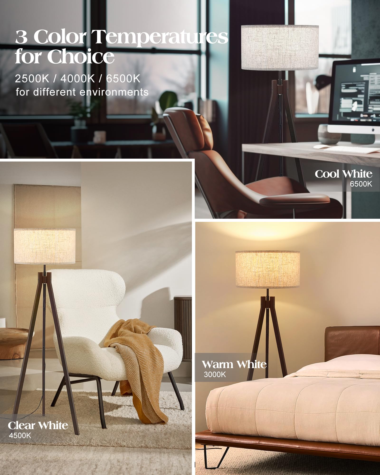 Elyona Wood Tripod Floor Lamp, 3 Color Temperatures, Modern Linen Shade, Walnut, Led Included