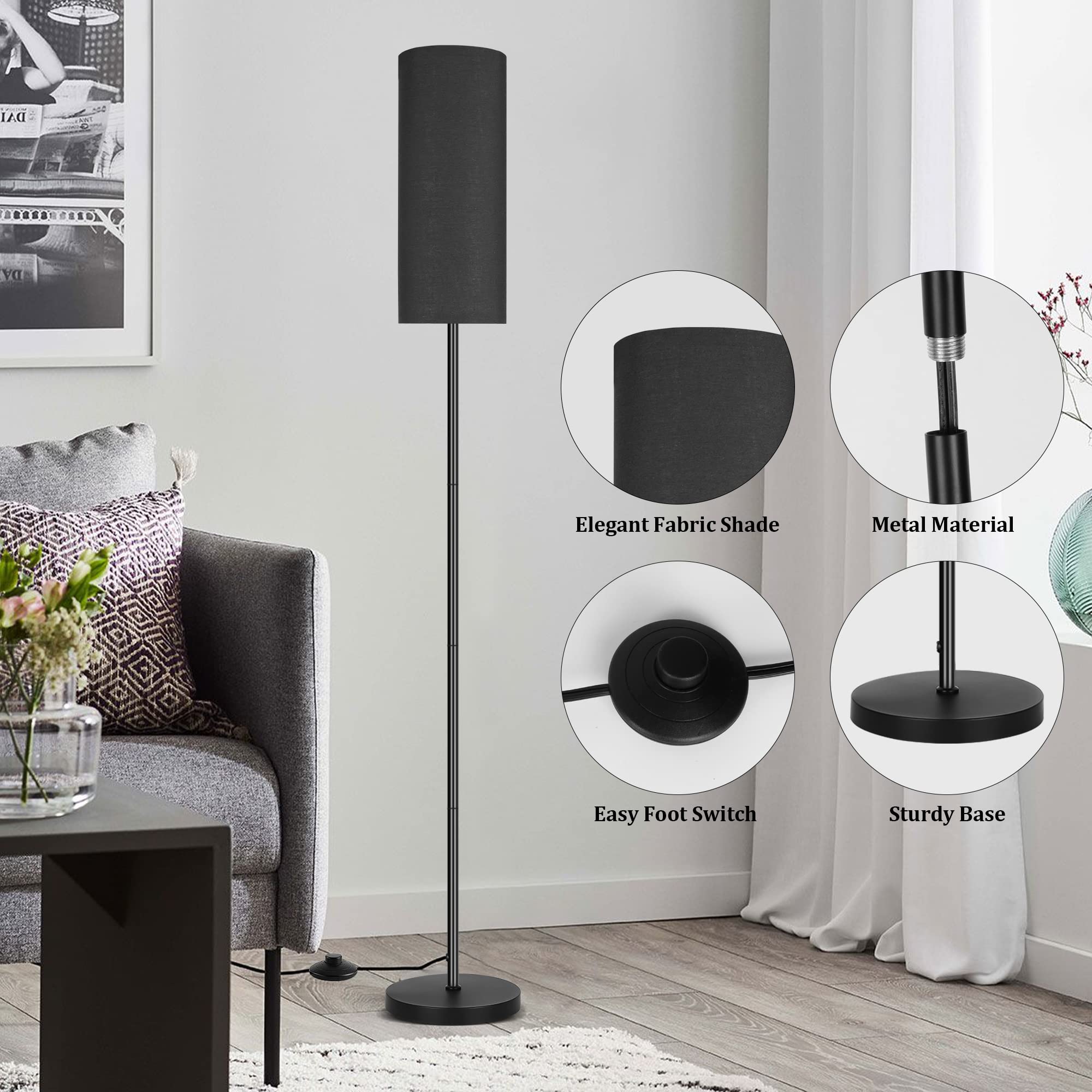 PARTPHONER Floor Lamp, Modern Metal Standing Lamp with Foot Switch, Black, Model ZYTFL for Living Room, Bedroom, Office