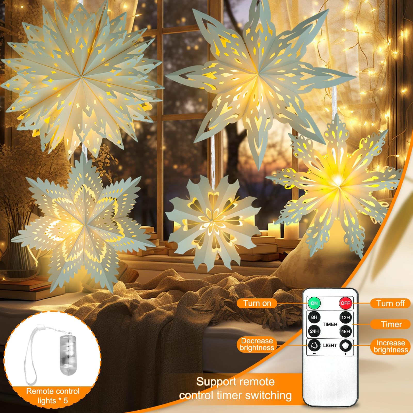 OuMuaMua 5 Pack Christmas Paper Snowflake Lanterns, White LED Hanging Lamps for Holiday Party Decorations, Model GSD001