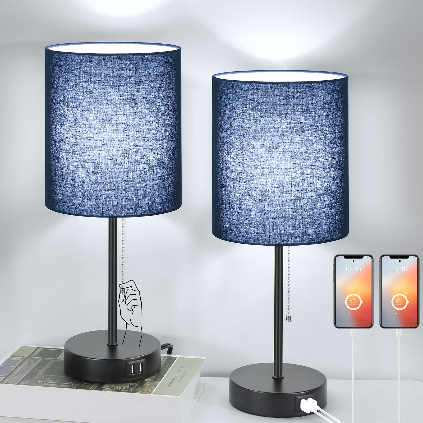 Table Lamps Set of 2 with USB Charging Ports, Blue Bedside Lamps with AC Outlet, Nightstand Lamps with Pull Chain Switch, Minima