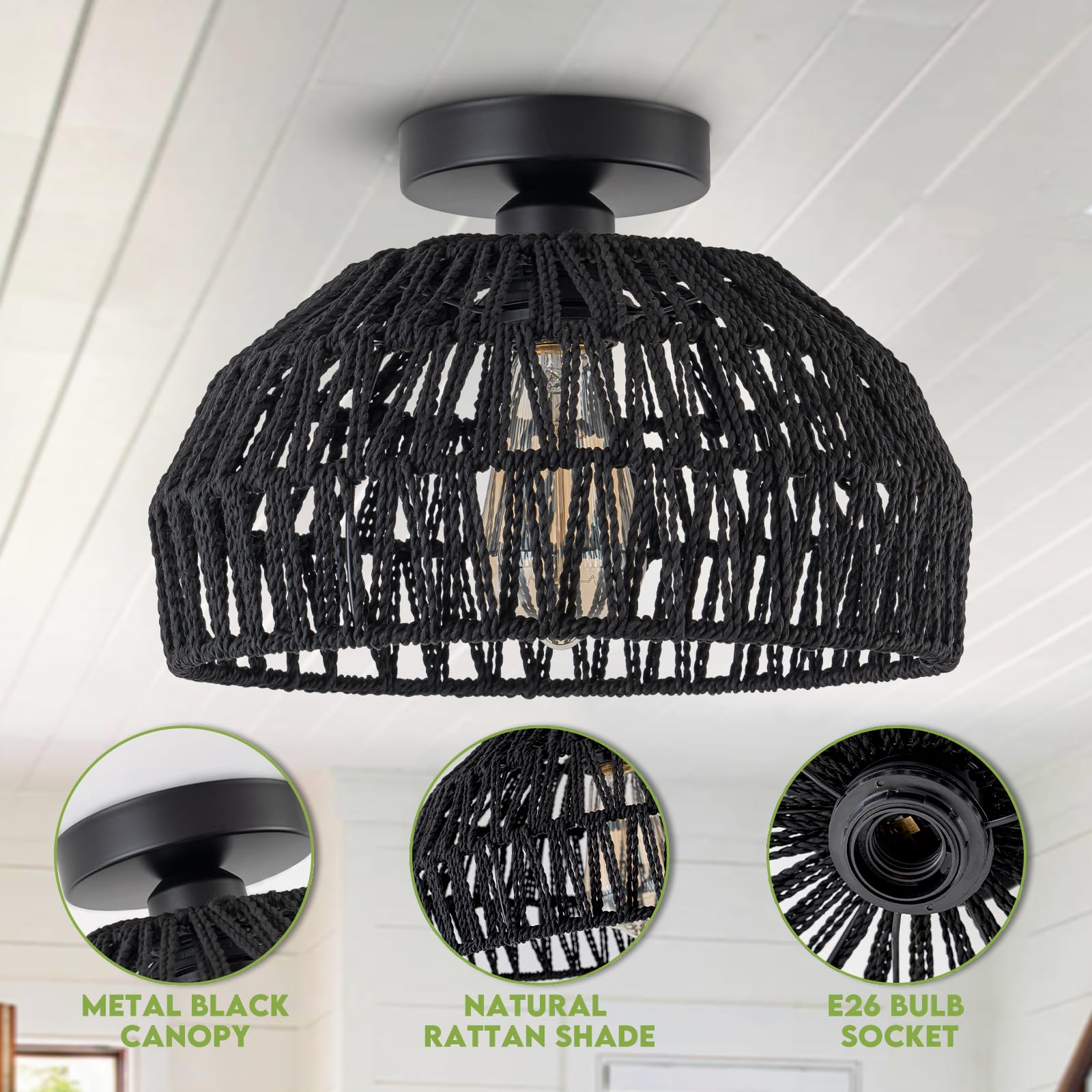 Dsliting Black Rattan Ceiling Light Fixtures Boho Chandelier Small Woven Flush Ceiling Mount Lighting Fixture Close To Ceiling L