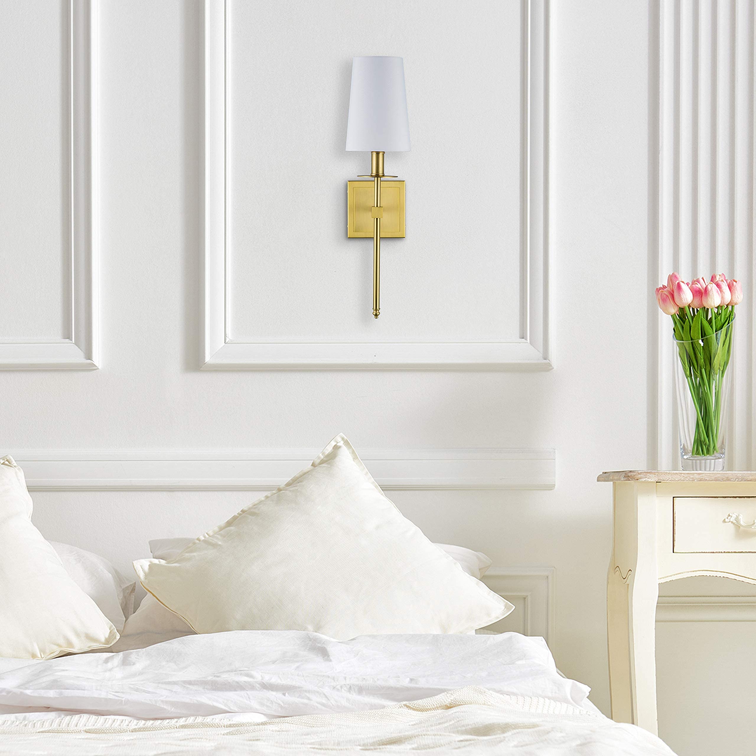 Linea di Liara Wall Sconce - Gold Brushed Brass Indoor Lighting, Modern Design with White Fabric Shade, Model LL-SC425-AB