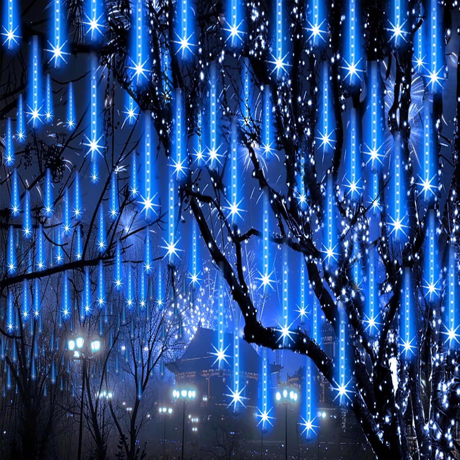 ZPQBEYE Christmas Lights Outdoor Meteor Shower Lights 24-Tube 576LEDs Snow Falling Rain Cascading Icicle Light for Xmas Tree Chr