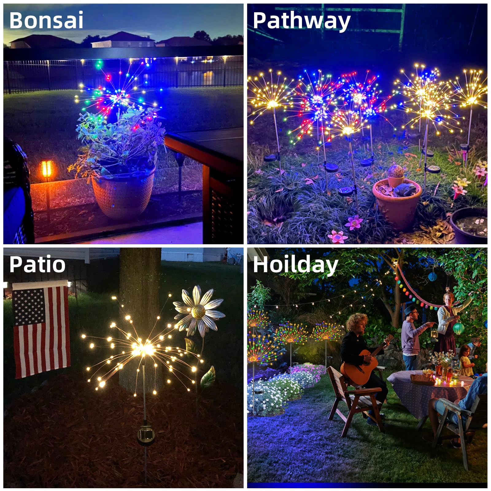 YOTOZU Solar Firework Lights - 4 Pack 120 LED Copper Wire String, Red, DIY Outdoor Garden Decoration for Walkway and Parties
