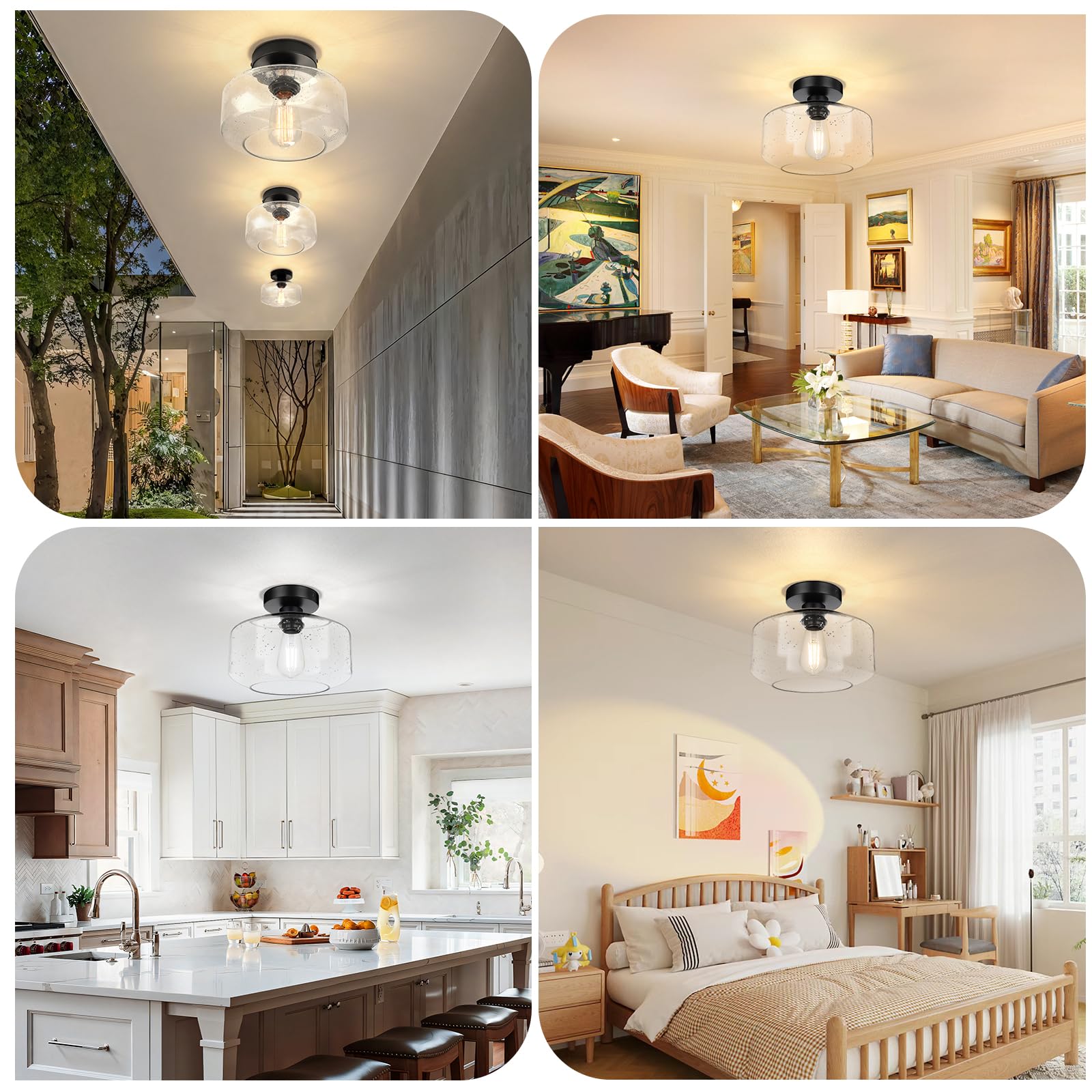 Sunrider Industrial Semi-Flush Mount Ceiling Light Fixture, Seeded Glass Lamp Shade, Black Metal Farmhouse Lights For Hallway Ki