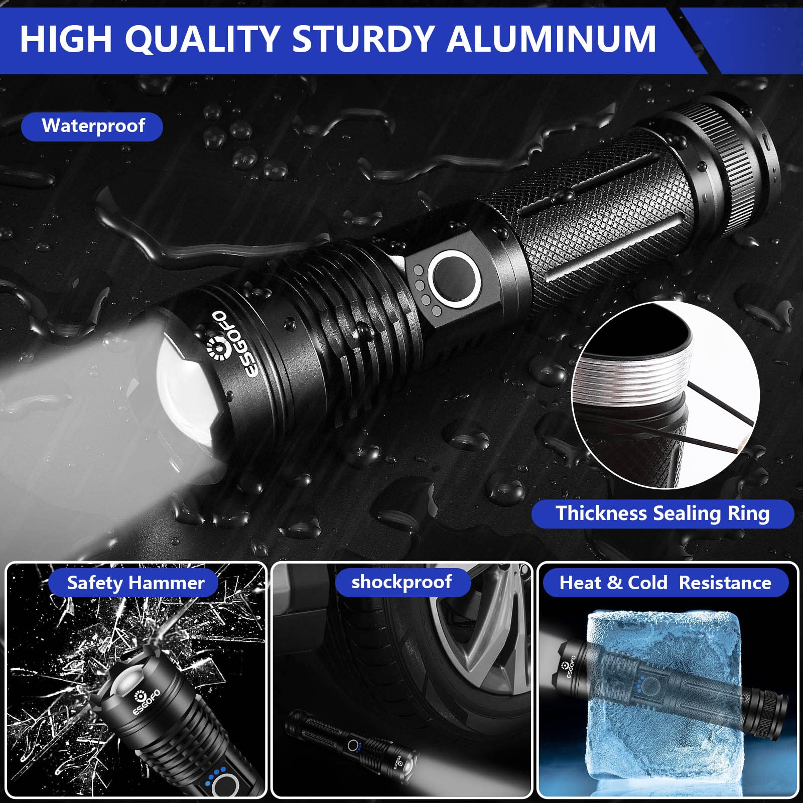 Esgofo X16 Tactical Flashlight - 20000 Lumens, Waterproof, Aluminum, Black, Rechargeable, Ideal for Hiking and Camping