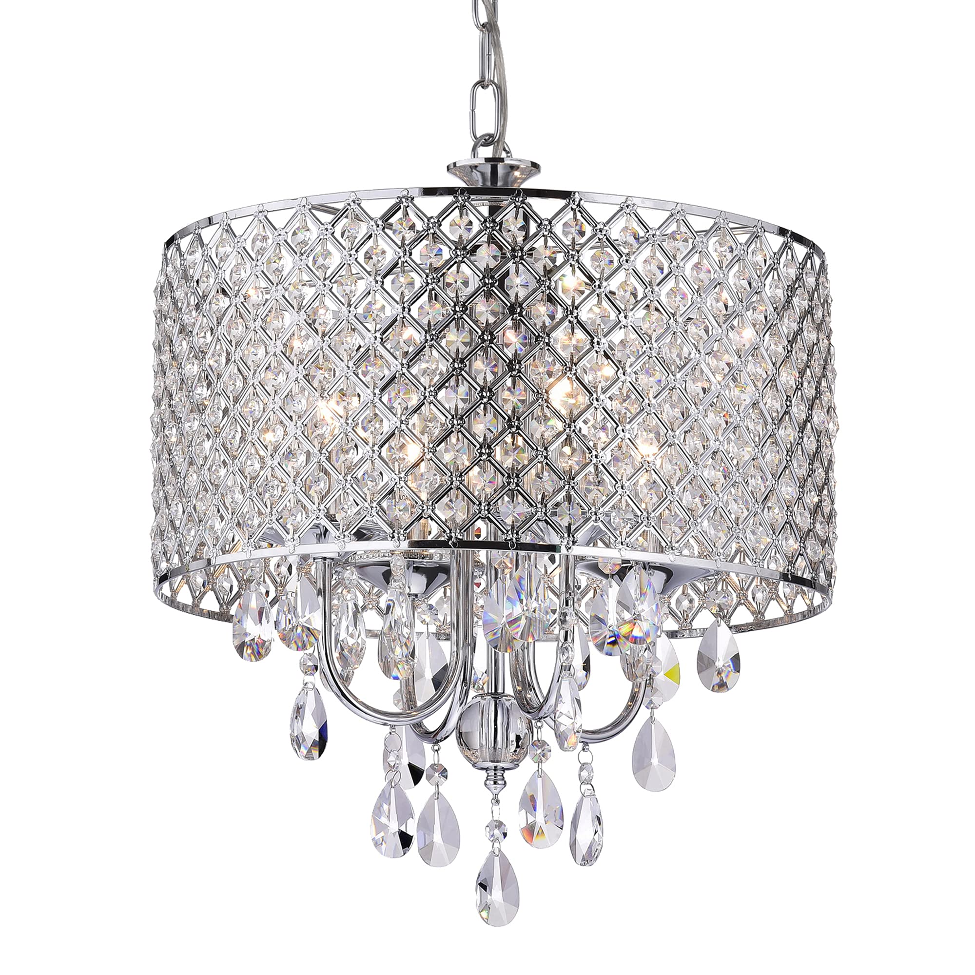 Edvivi Chrome 4-Light Round Crystal Chandelier Ceiling Fixture, Beaded Drum Shade, Model Epg801Ch